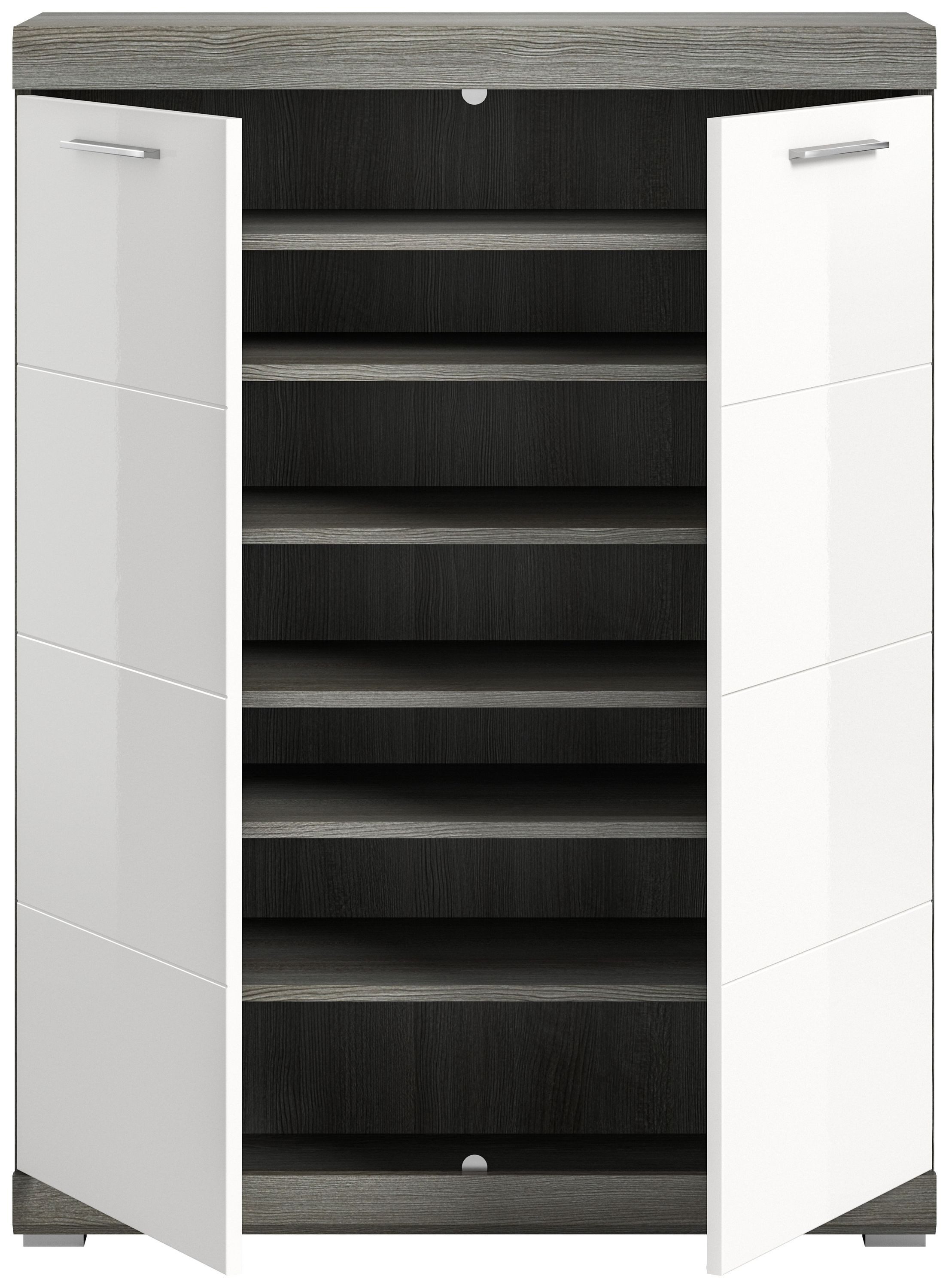 xonox.home Schuhschrank Weiß Hochglanz Rauchsilber Melamin Modern 90x120x37 cm