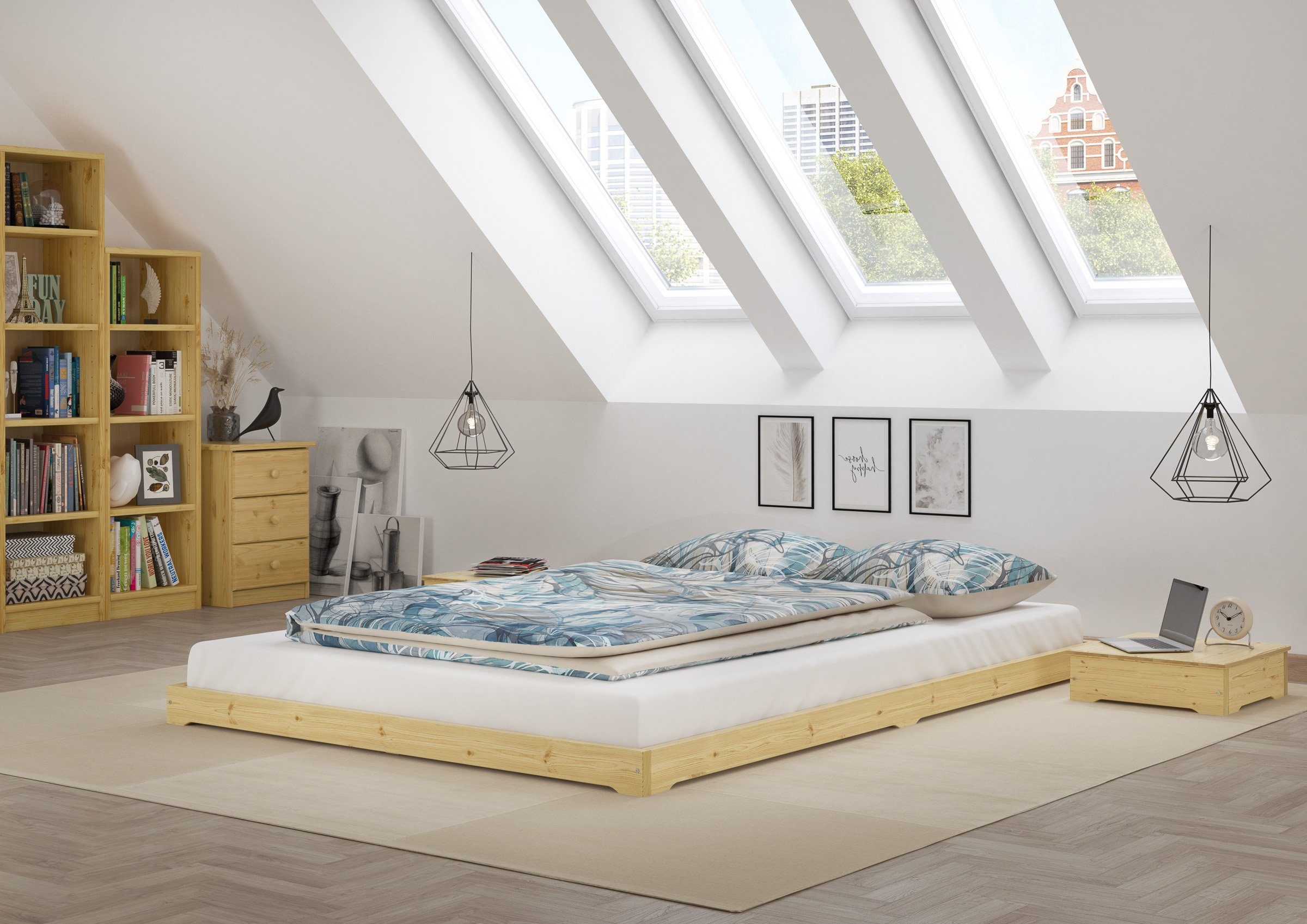 ERST-HOLZ Futonbett Futonbett Massivholz Extra Niedrig Fichte Geölt 140 x 200 cm, Fichte farblos lackiert