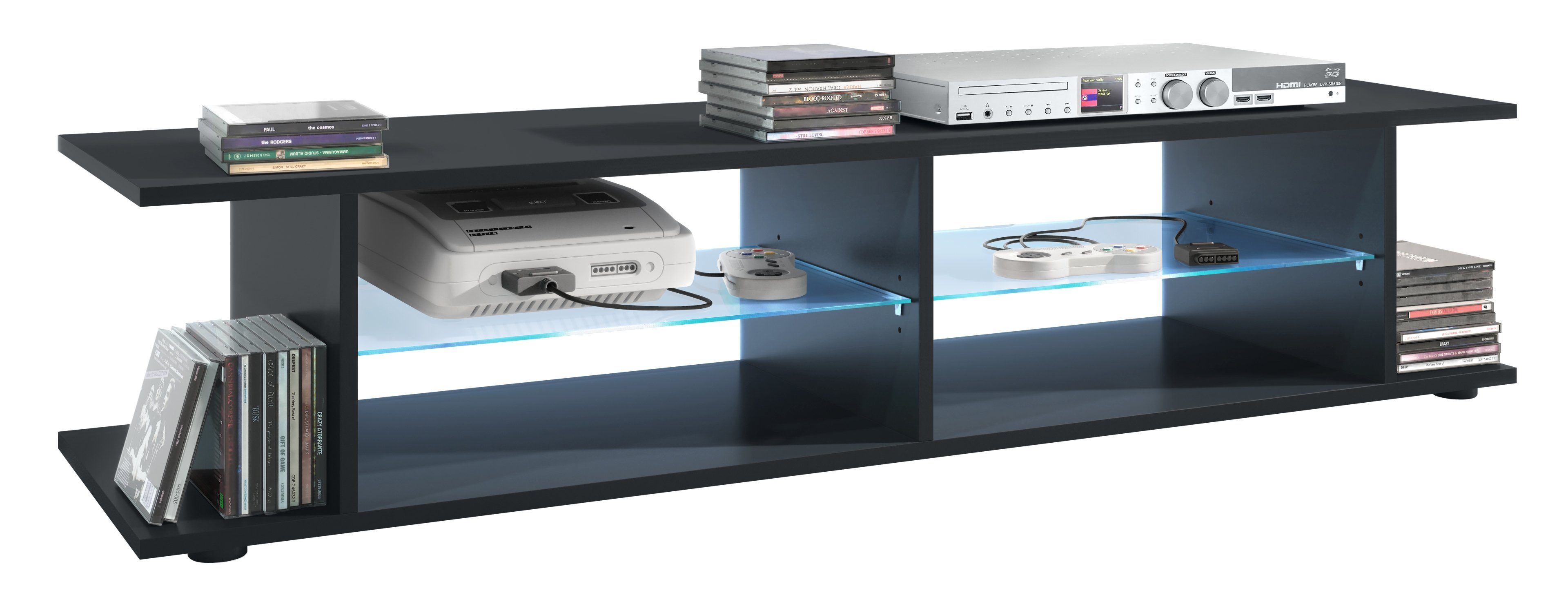 Vladon Lowboard Movie V3 (Lowboard + Tv-Aufsatz, mit insgesamt 8 Fächern inkl. LED-Beleuchtung), Schwarz matt (139 x 39 x 37,5 cm)