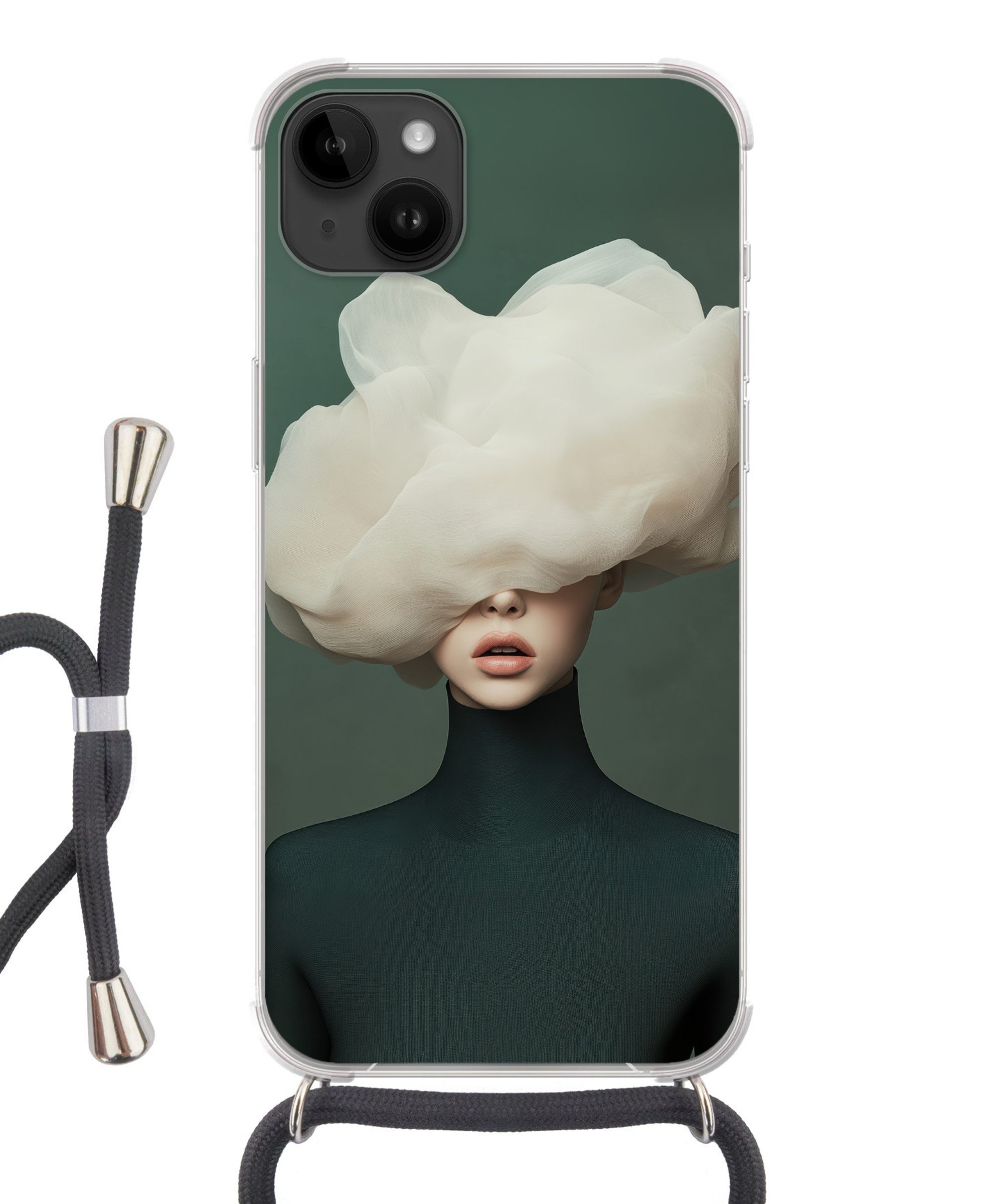 MuchoWow Handyhülle für Apple iPhone 14 Max Hut - Frau - Beige, Tragbare Handyhüllen mit Kette zum umhängen, Handykette Handyband