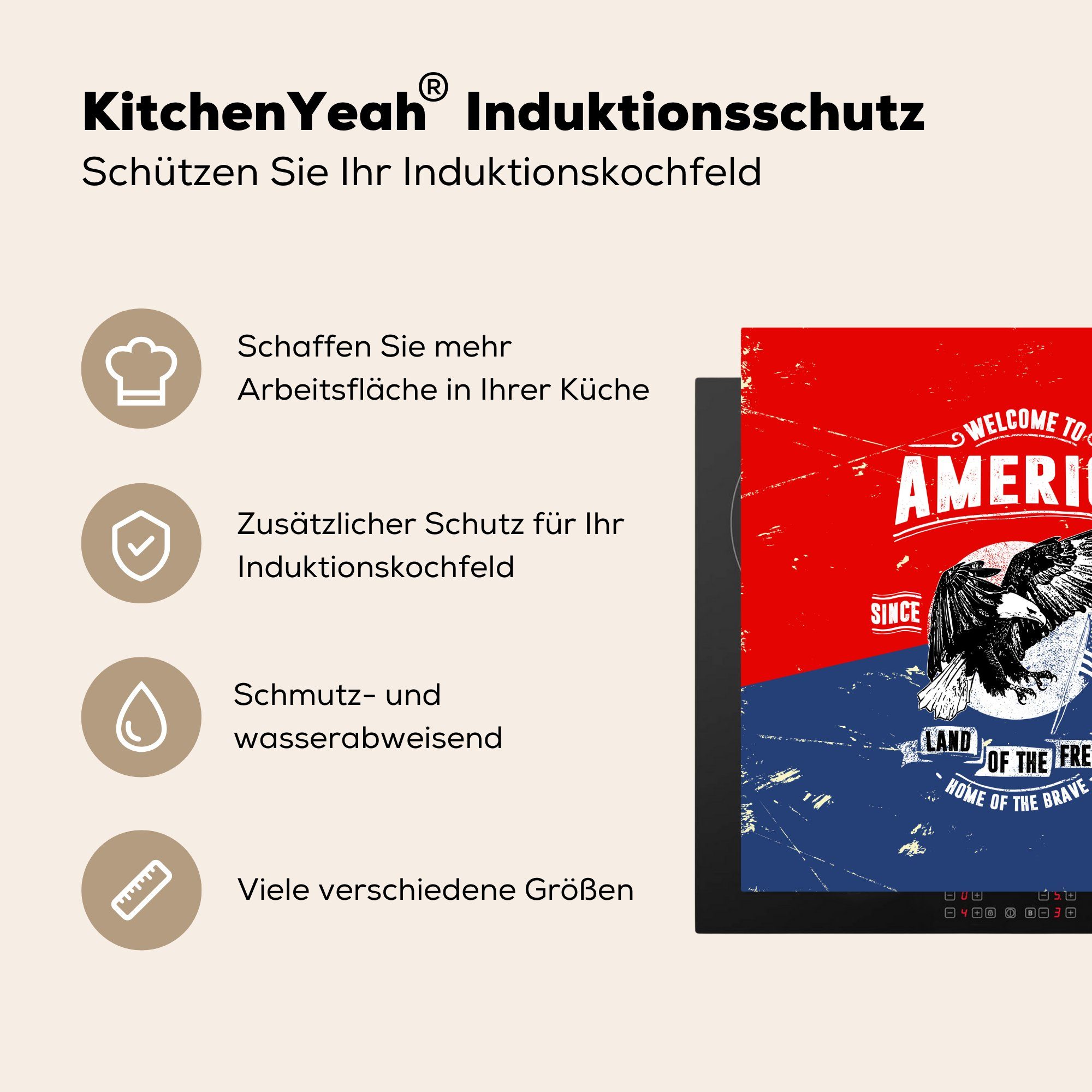 Herdblende-/Abdeckplatte MuchoWow Arbeitsplatte cm, (1 Vinyl, küche 78x78 tlg), - Ceranfeldabdeckung, Amerika, Jahrgang für - Vogel