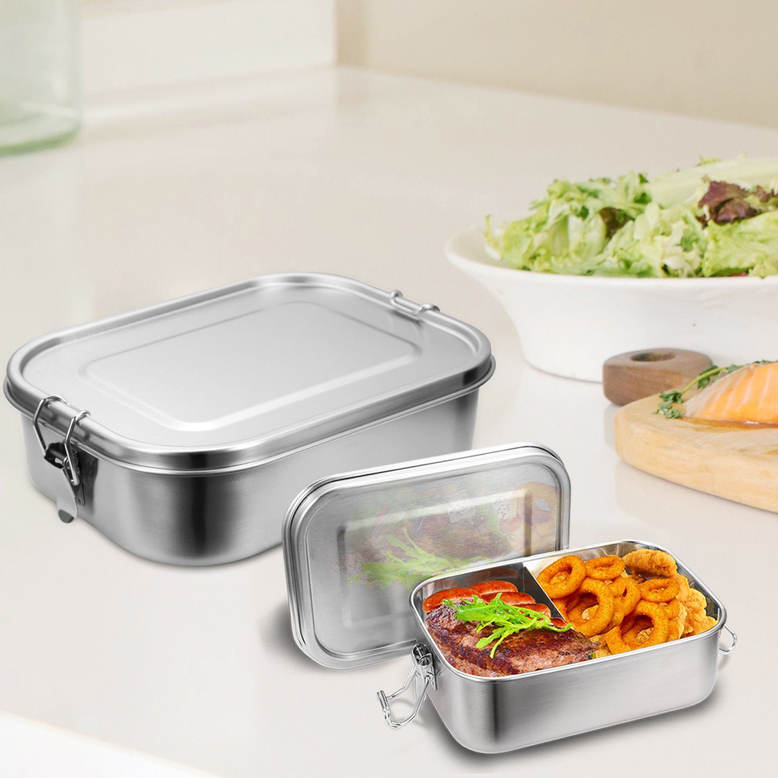 Gimisgu Lunchbox Edelstahl Brotdose - Lunchbox Picknick für 800+1400ml Nachhaltige Schule Büro Silber