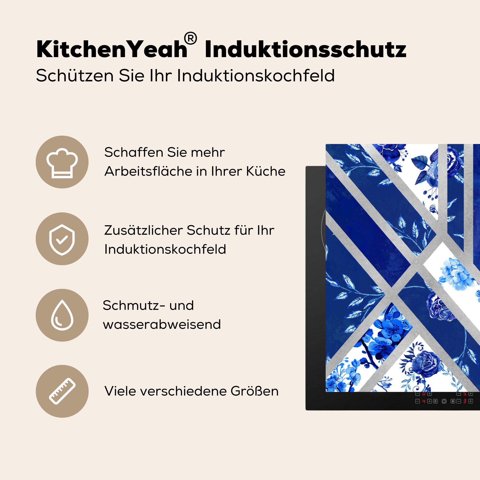 MuchoWow Herdblende-/Abdeckplatte Design küche, Schutz - die Delfter (1 Luxus, 81x52 Induktionskochfeld tlg), für Vinyl, - Blau cm, Ceranfeldabdeckung