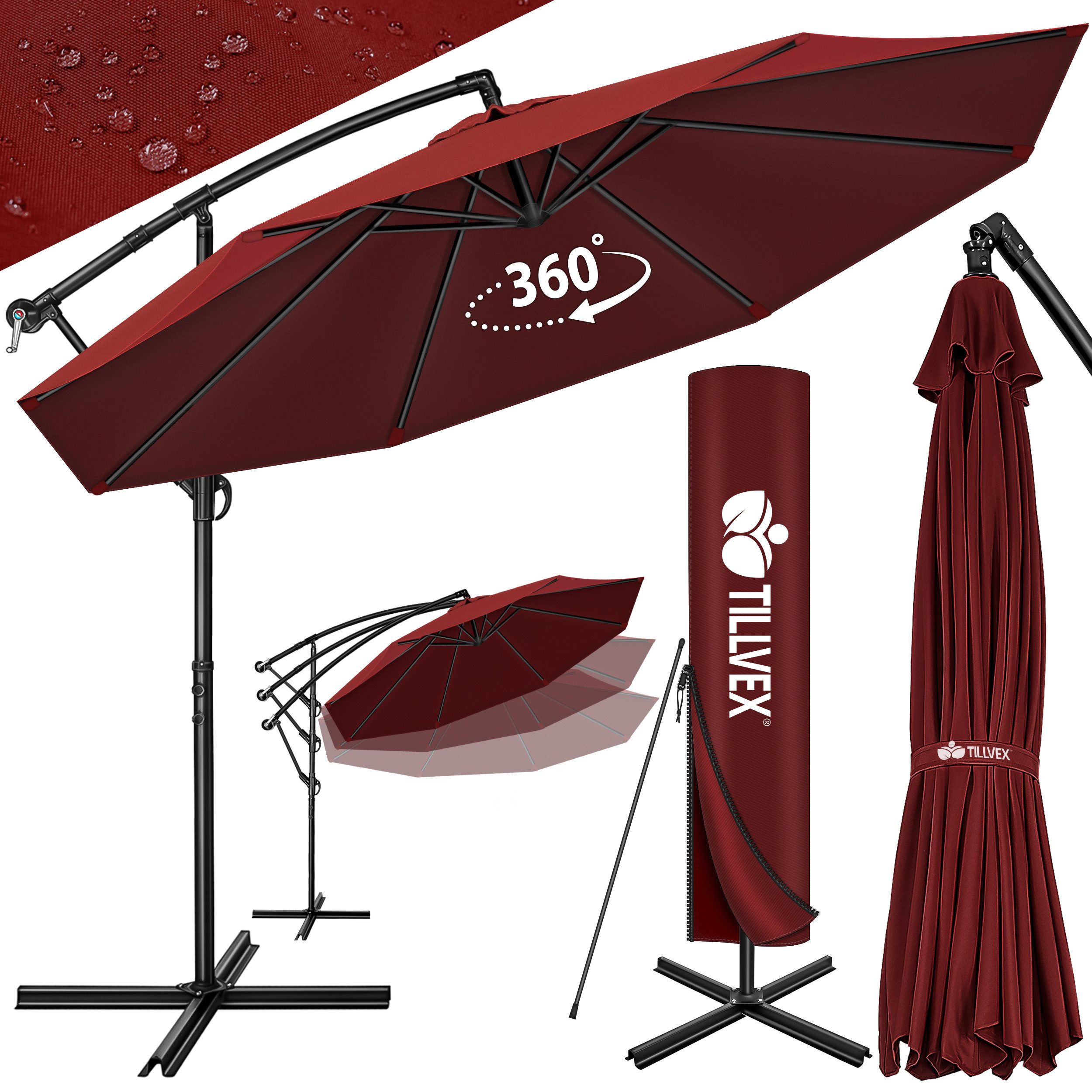 tillvex Sonnenschirm 300-350 cm Kurbel Ampelschirm mit Ständer, Abdeckung & Windsicherung, Gartenschirm UV-Schutz Aluminium