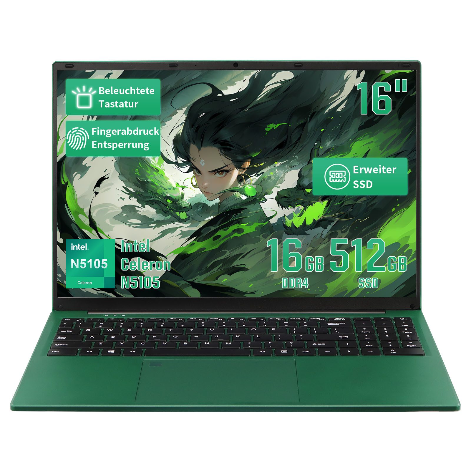 LONGEVINCE Business Notebook, 16-Zoll-Laptop, 16GB RAM Notebook (40,64 cm/16 Zoll, Intel Celeron N5105, Intel UHD Graphics, 512 GB SSD, 3 USB-Anschlüsse und Fingerabdrucksidentifikation)