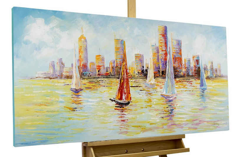 KUNSTLOFT Gemälde Skyline Sailing 120x60 cm, Leinwandbild 100% HANDGEMALT Wandbild Wohnzimmer