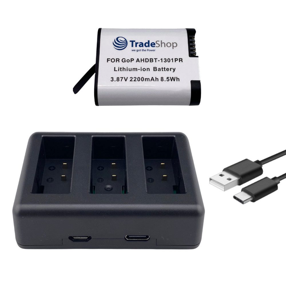 2in1 Set passend für GoPro AHDBT-1301PR CPSS1B - Triple Ladegerät + Kamera-Akku