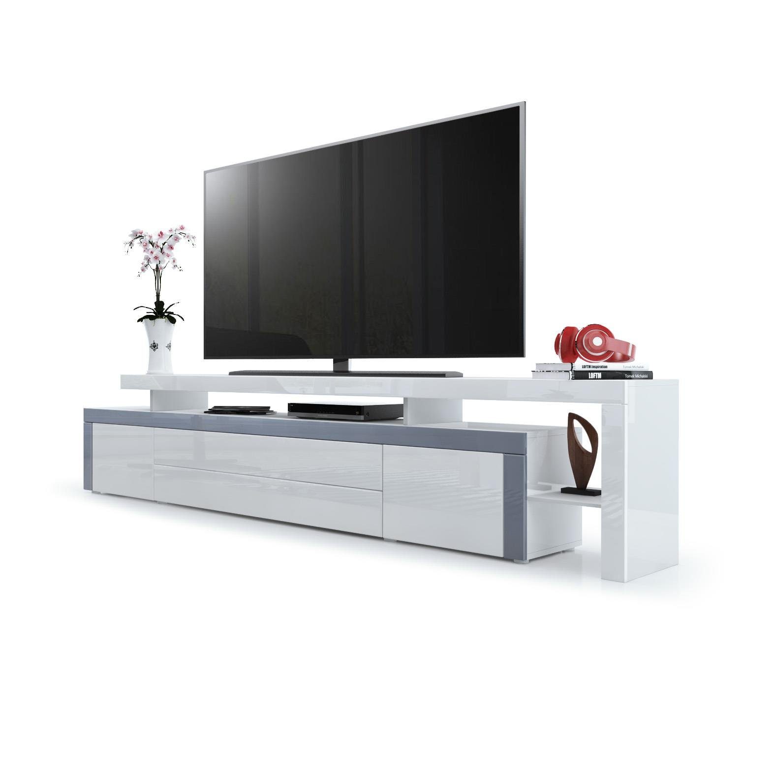 Vladon Lowboard Leon (TV-Kommode, mit zwei Türen, zwei Schubkästen und einem modernen Überbau), Weiß Hochglanz/Grau Hochglanz (227 x 52 x 35 cm)