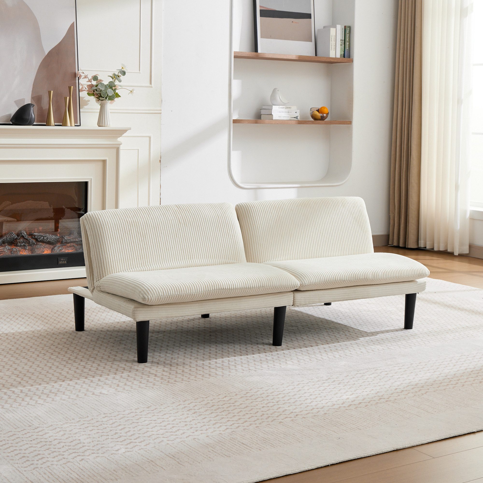 HAUSS SPOLE Loungesofa mit 3-Stufen-Rückenlehne,Loungesessel Zweisitzer mit Samtbezug,Beige, Lesesessel Gästebett-Sofa mit 3-Stufen-Rückenlehne( 120°, 150° oder 180°) , Multifunktionssessel mit Holz-Lattenuntergestell
