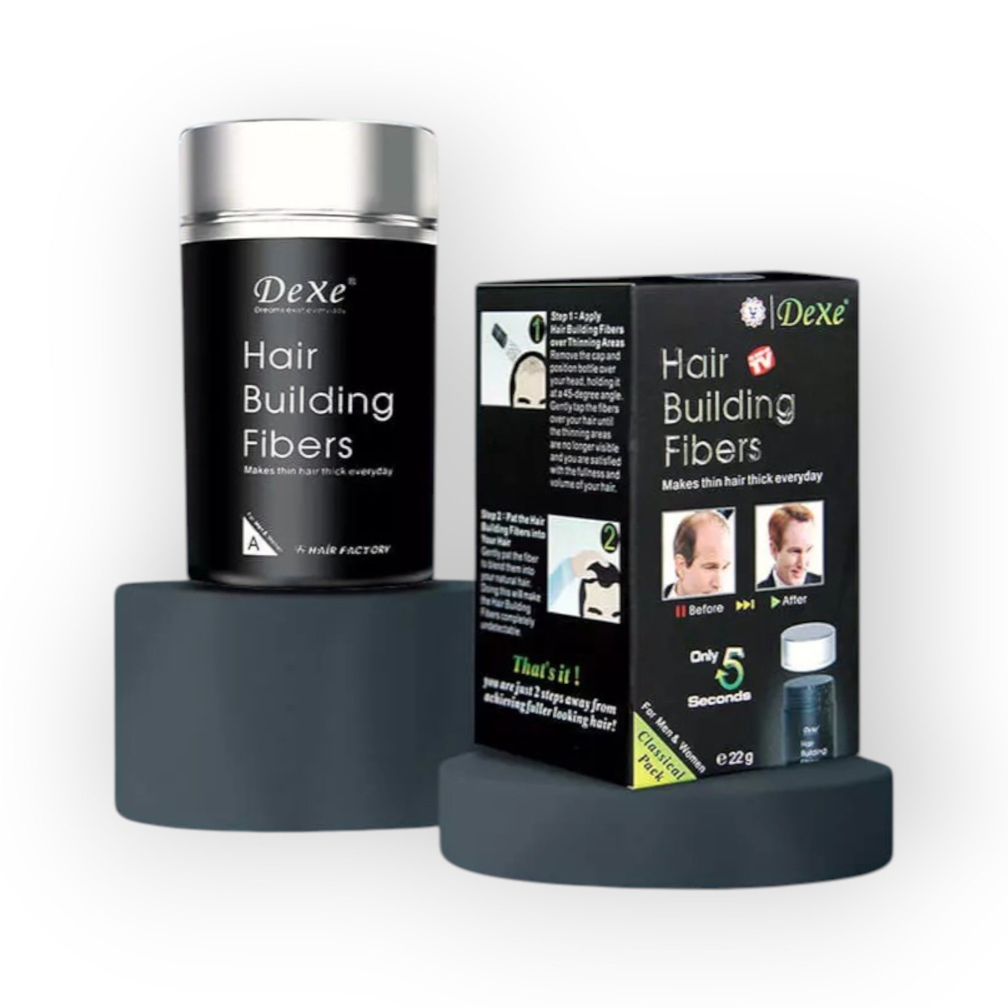 DeXe Haarpuder Haarverdichtungsfasern gegen dünnes Haar (Schwarz), Packung, 22g, natürliche Haaroptik, sofort sichtbare Haarverdichtung