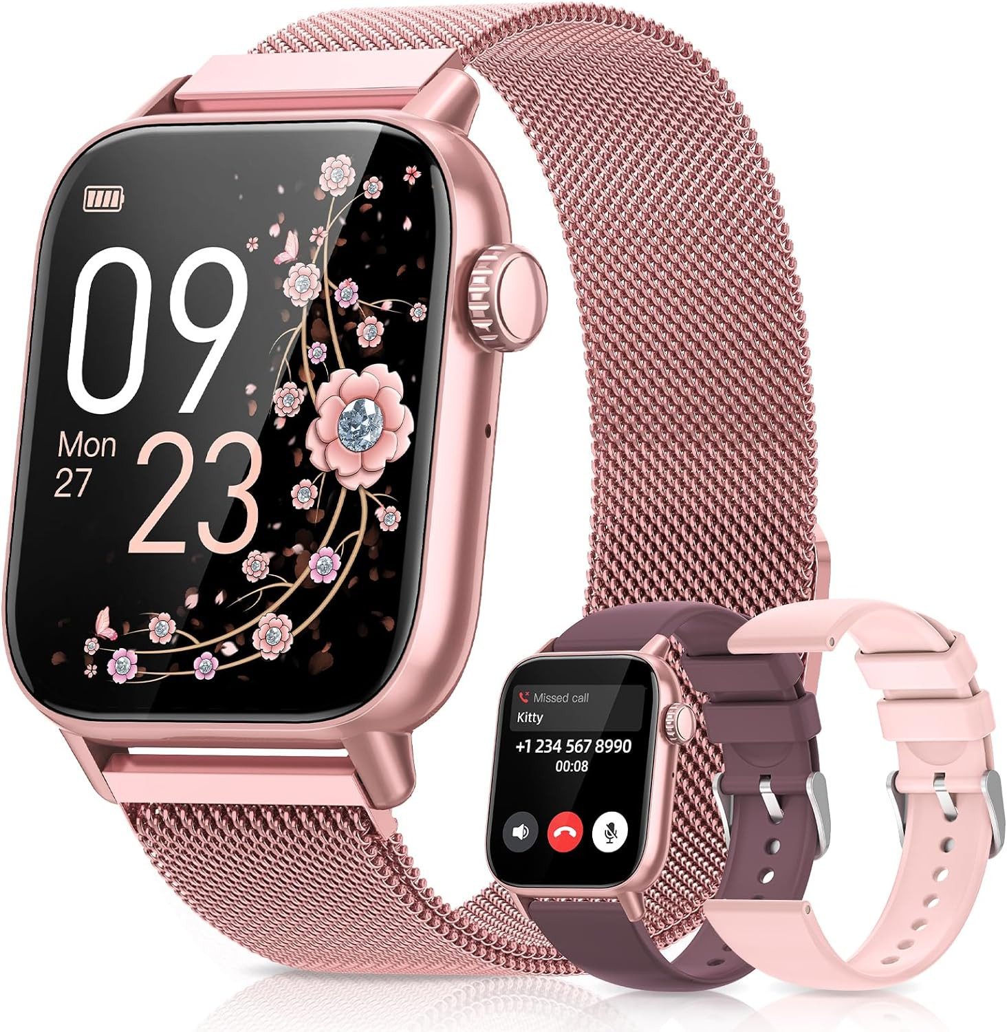 Sanorum Smartwatch Damen mit Telefonfunktion Smartwatch (4.69 cm/1,85 Zoll, HD Voll Touchscreen) Fitnessuhr Damen, mit SpO2, Herzfrequenz, Schlafmonitor, Menstruationszyklus, IP68 wasserdichte Sportuhr für iOS und Android