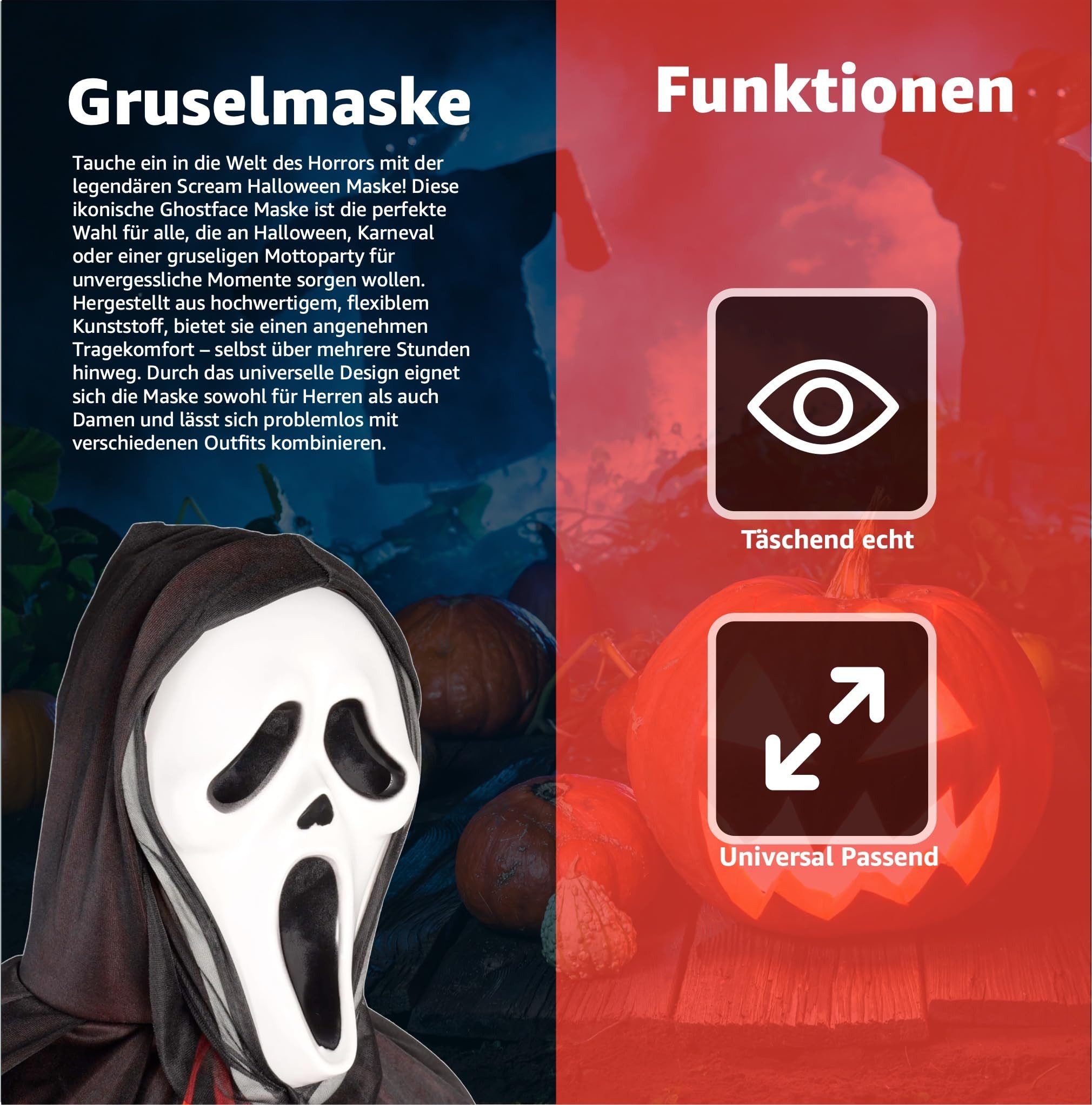 Costumed Verkleidungsmaske Scream Maske Kostümmaske - für Herren Halloween Kostüm Herren Maske, (Packung, 1-tlg)