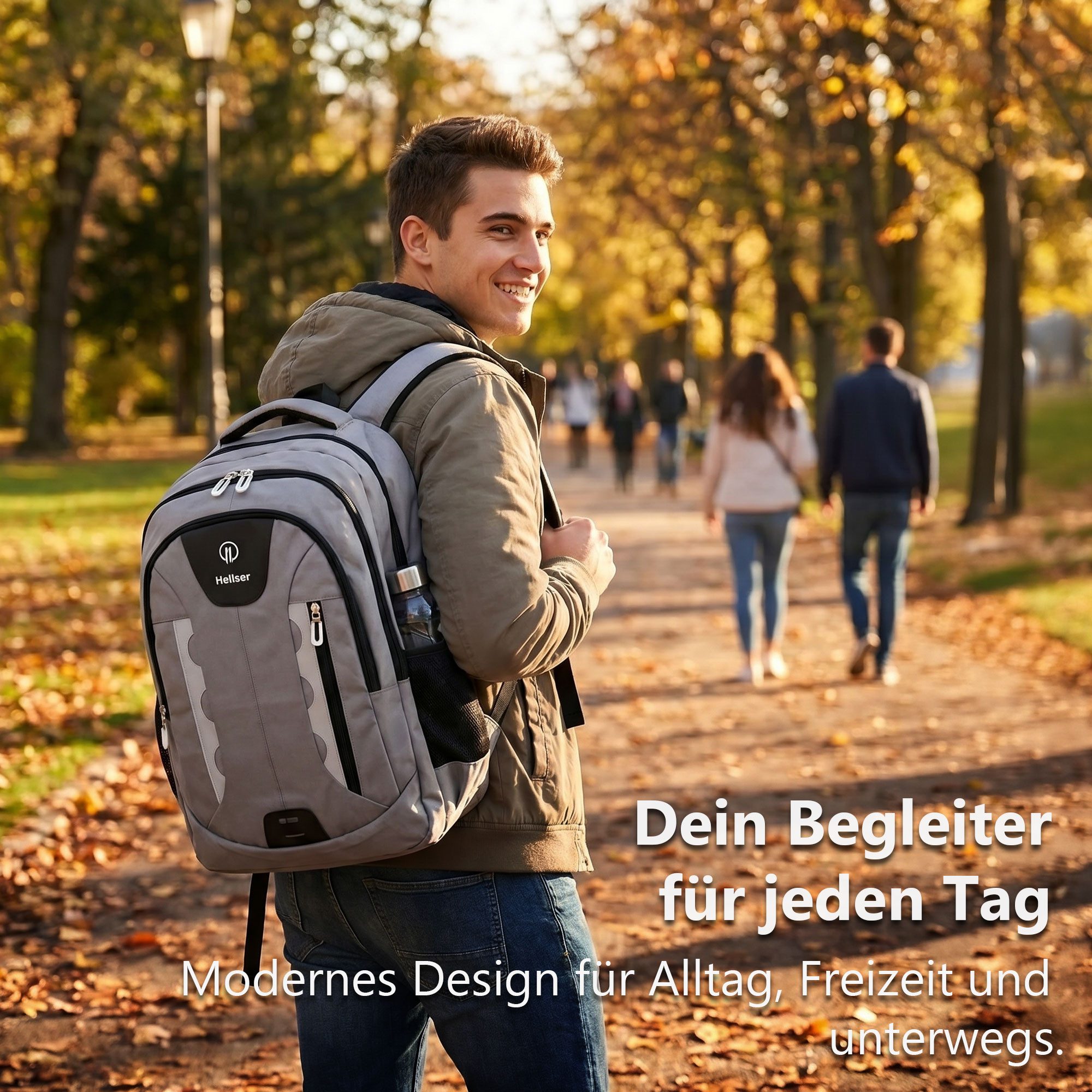 HELLSER Laptoprucksack & Schulrucksack NOVA Unisex mit USB-Ladeanschluss & Laptopfach 16 Zoll, Wasserabweisend, Reiserucksack Handgepäck, Reflektoren, Ergonomisch