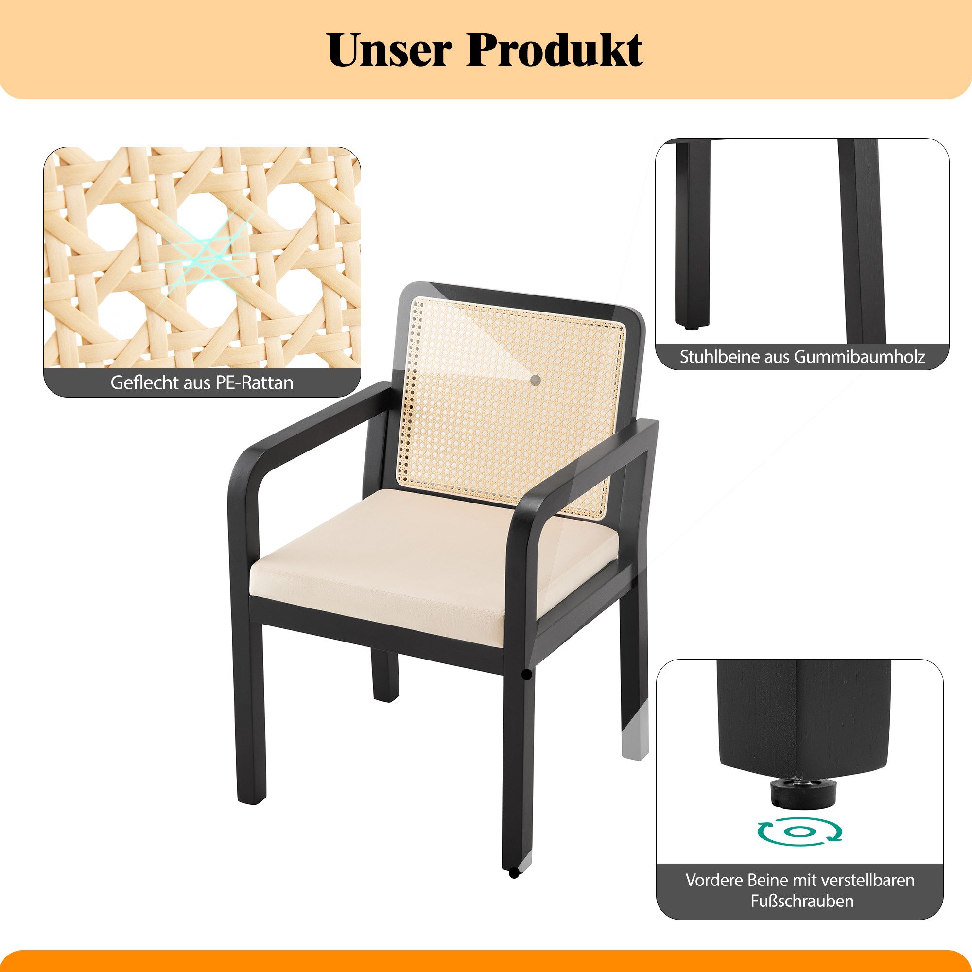 MODFU Esszimmerstuhl für Esszimmer, Schminktisch (Eleganter Velours-Stuhl mit ergonomischer Rattan-Rückenlehne, verstellbaren Füßen und Gummiholzbeinen., 2 St)