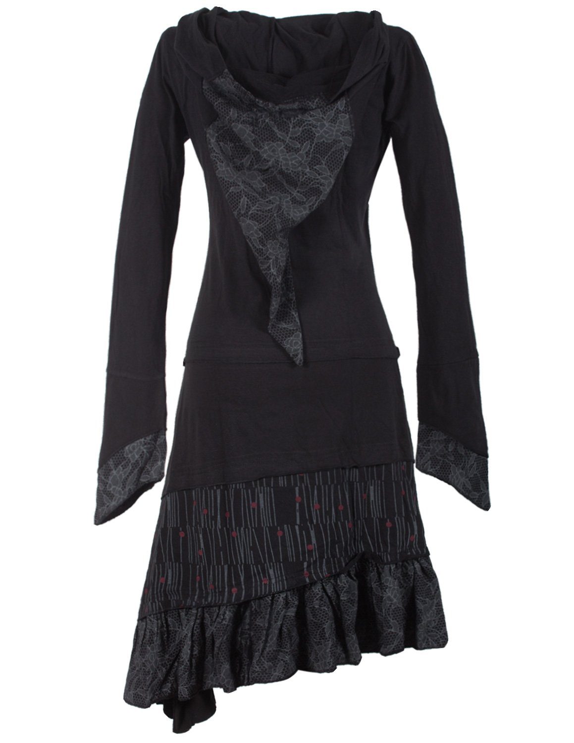 Vishes Jerseykleid Lagenlook Patchworkkleid mit Zipfelkapuze, Rüschen Hippi günstig online kaufen
