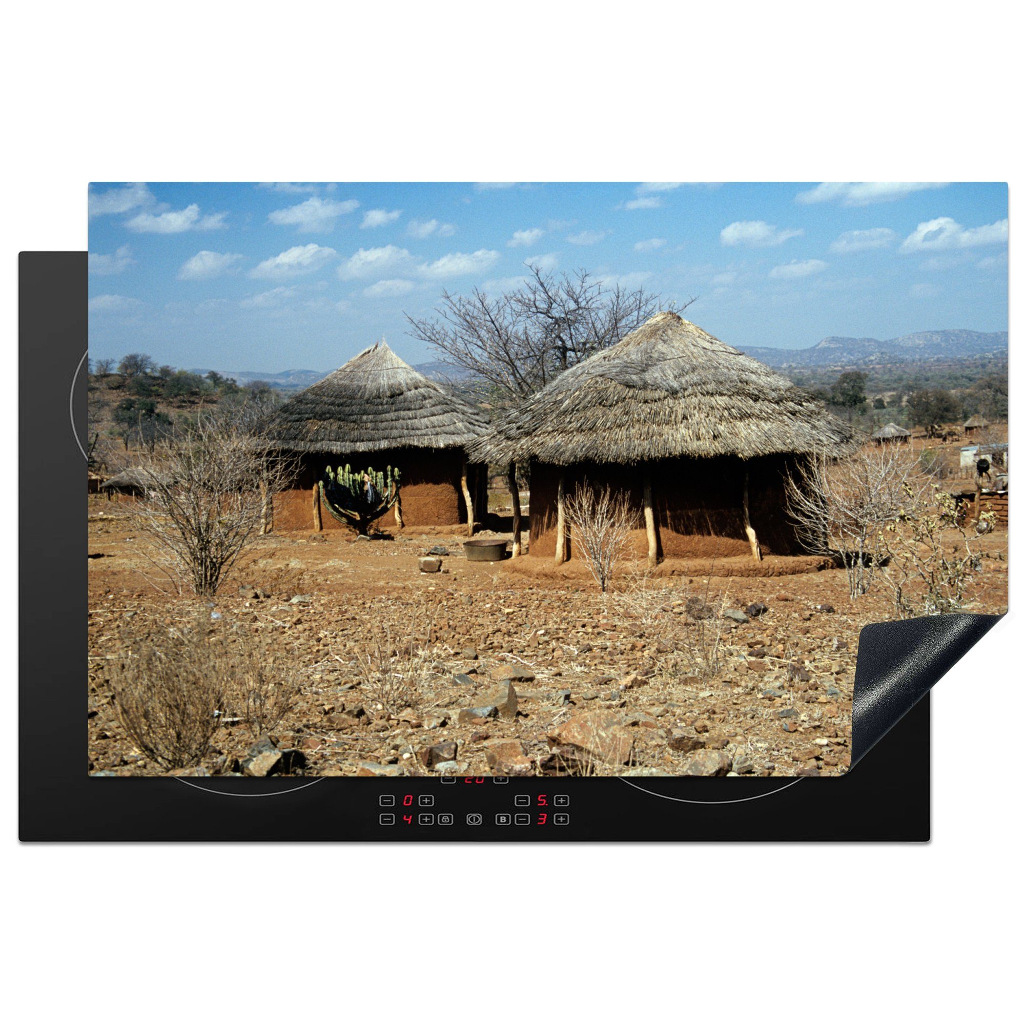 MuchoWow Herdblende-/Abdeckplatte Lehmhütten in Simbabwe, Vinyl, (1 tlg), 81x52 cm, Induktionskochfeld Schutz für die küche, Ceranfeldabdeckung