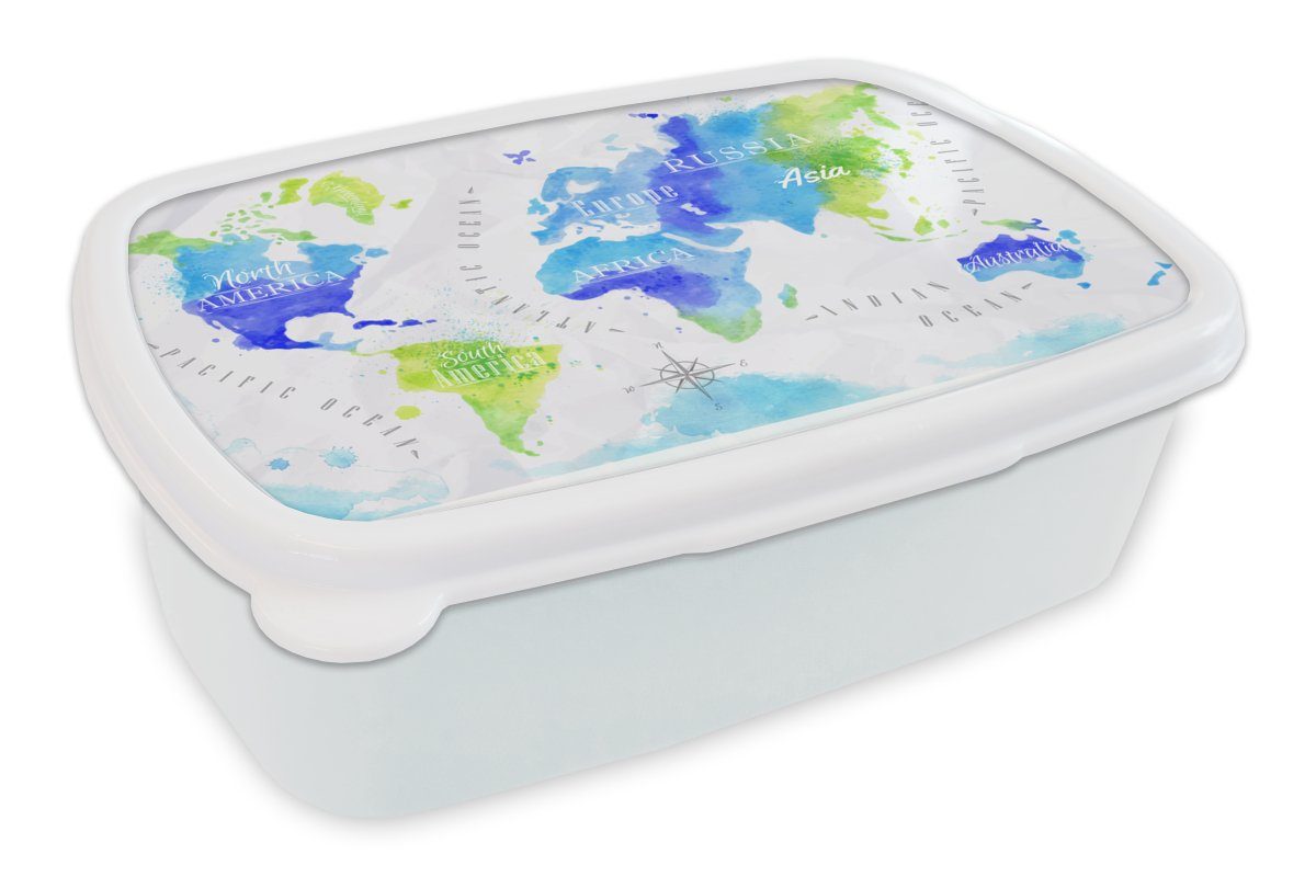 Mädchen Brotdose, Kunststoff, - Erwachsene, MuchoWow weiß für Grün Brotbox und Blau, (2-tlg), - Aquarell - Weltkarte Lunchbox Kinder Jungs für und