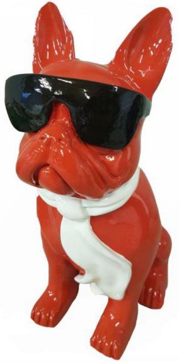 Casa Padrino Skulptur Luxus Deko Skulptur Hund Bulldogge Rot / Weiß / Schwarz H. 120 cm - Große Deko Figur - XXL Deko Skulptur - XXL Deko Figur - Wohnzimmer Deko - Garten Deko - Luxus Deko XXL Figuren
