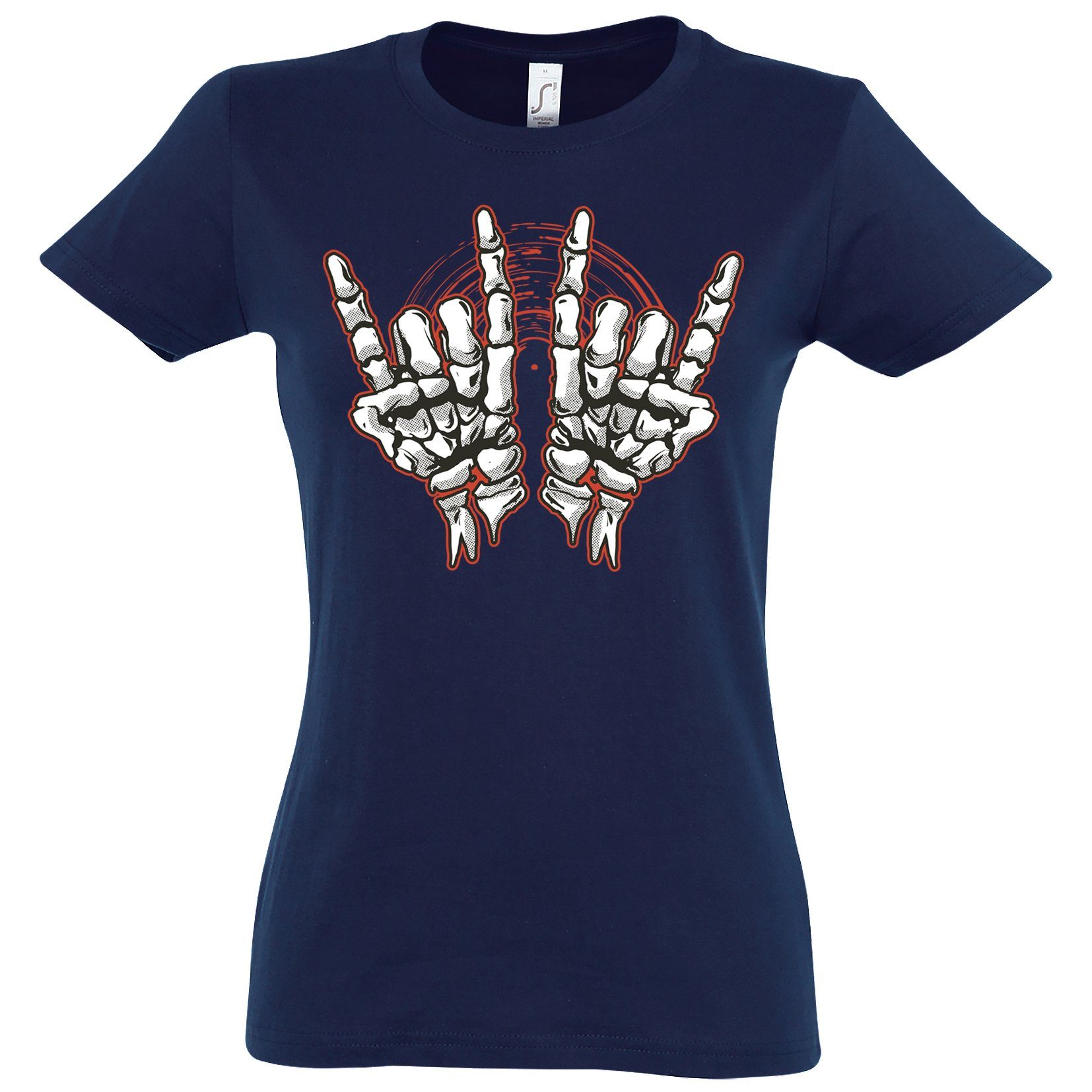 Youth Designz T-Shirt Skelett Hand Rock'n'Roll Damen Shirt Horror im Fun-Look Mit modischem Print Navy