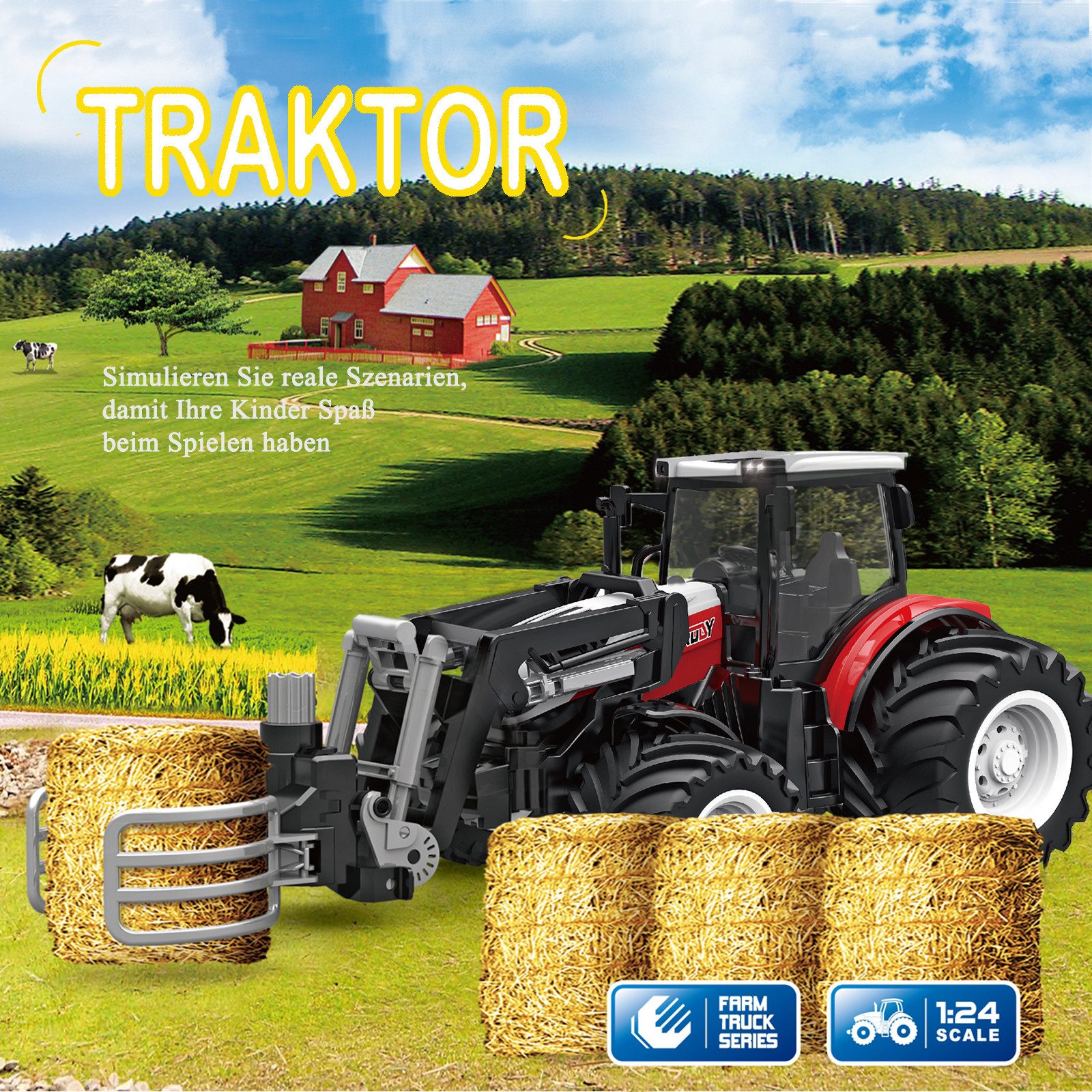 Esun RC-Traktor RC-Traktor Ferngesteuerter Frontschaufel Traktor Spielzeug ab 3 Jahre (Set, Komplettset), Ferngesteuert Ackerschlepper mit Licht und Sound