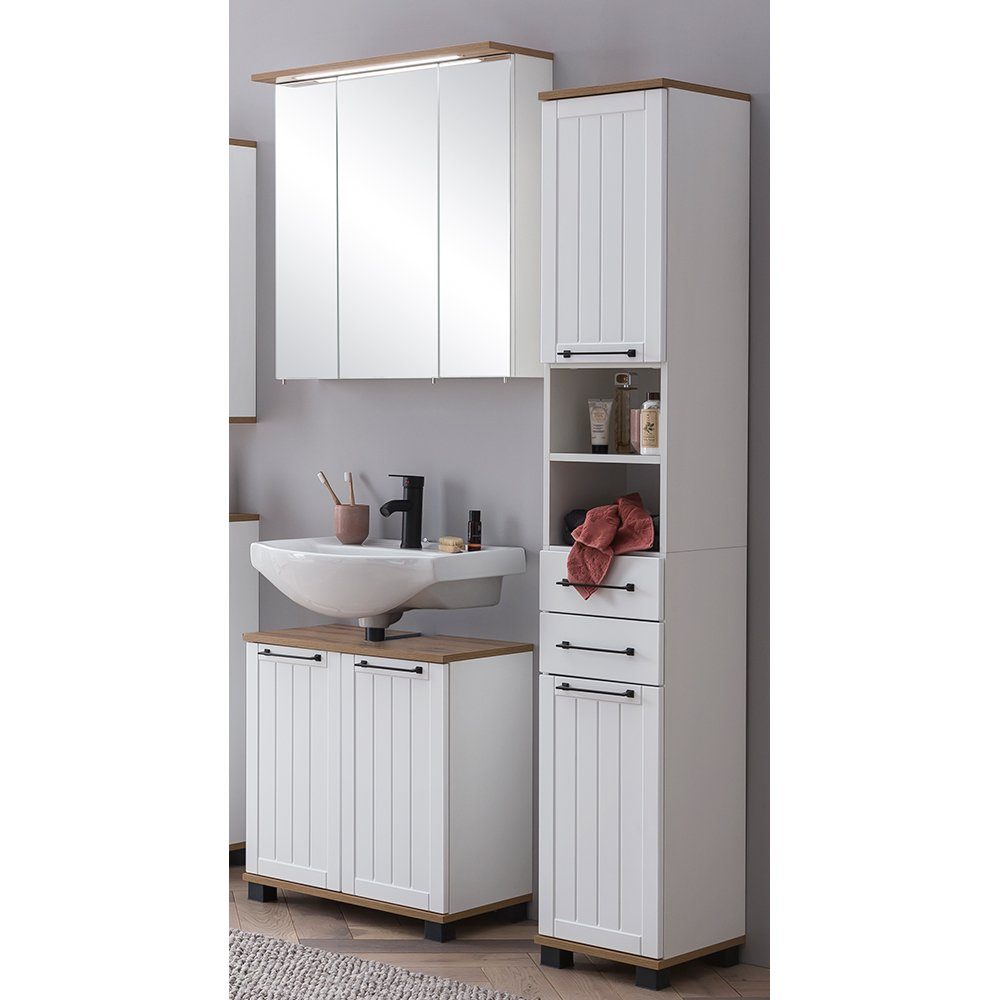 Lomadox Badmöbel-Set JAUSA-80, (Spar-Set, 3-St), Badmöbel im Landhaus-Stil, grau mit Eiche Nb.