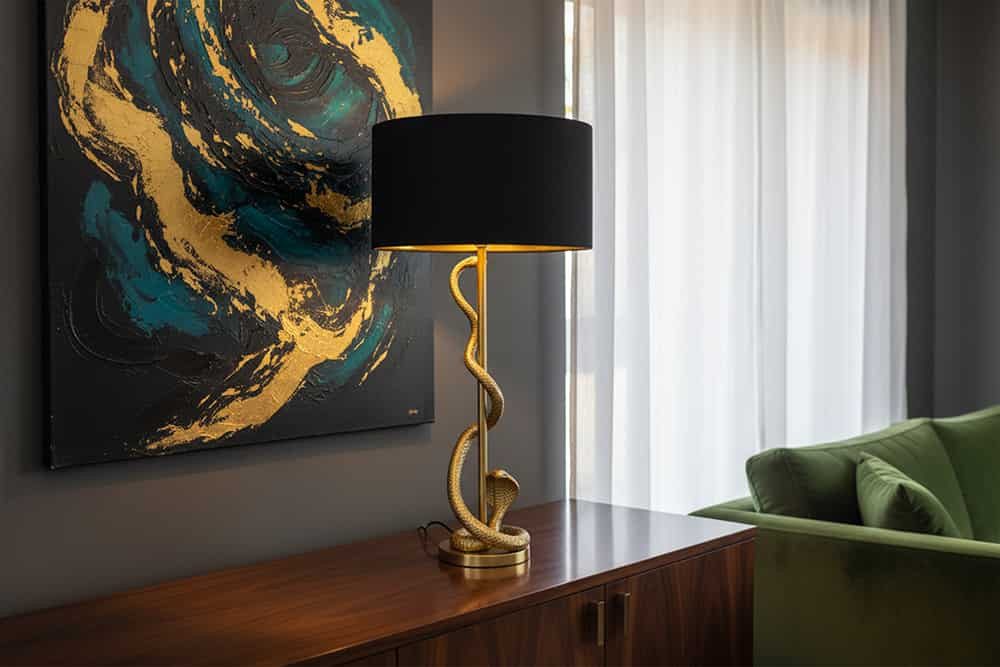 riess-ambiente Tischleuchte COBRA 110cm schwarz/gold – Schlangen-Skulptur, Stoffschirm, Deko, Ein-/Ausschalter, ohne Leuchtmittel, Designerlampe für Wohn- und Arbeitszimmer – ideal für edle Einrichtung