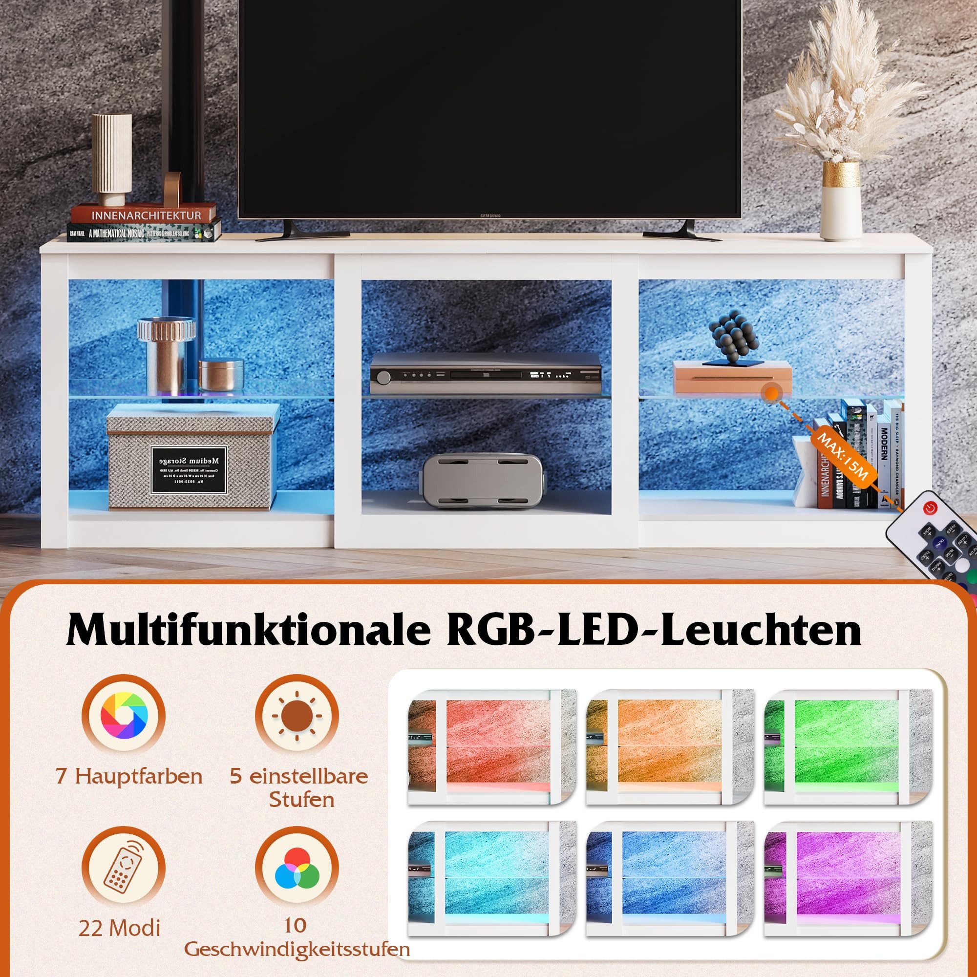 WLIVE Lowboard TV-Schrank mit RGB-LED (22 Modi), 3 offene Fächer & verstellbare (Länge 166 cm, Weiß, TV Board für 55/60/ 65/70/75/Zoll Fernseher), 166 x 39 x 56 – Bild 4 von 5
