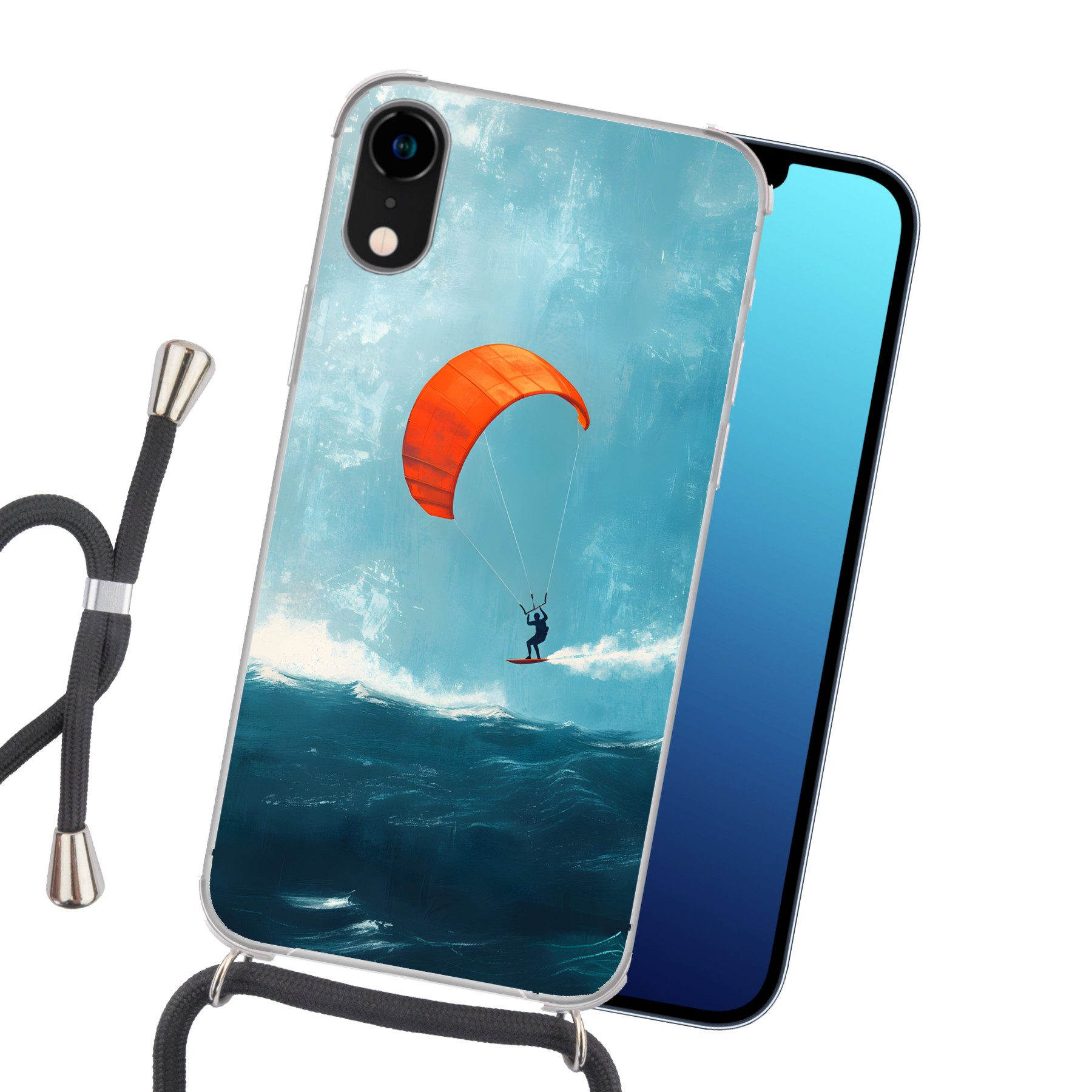 MuchoWow Handyhülle für Apple iPhone XR Kitesurfer - Orange - Meer - Himmel, Tragbare Handyhüllen mit Kette zum umhängen, Handykette Handyband