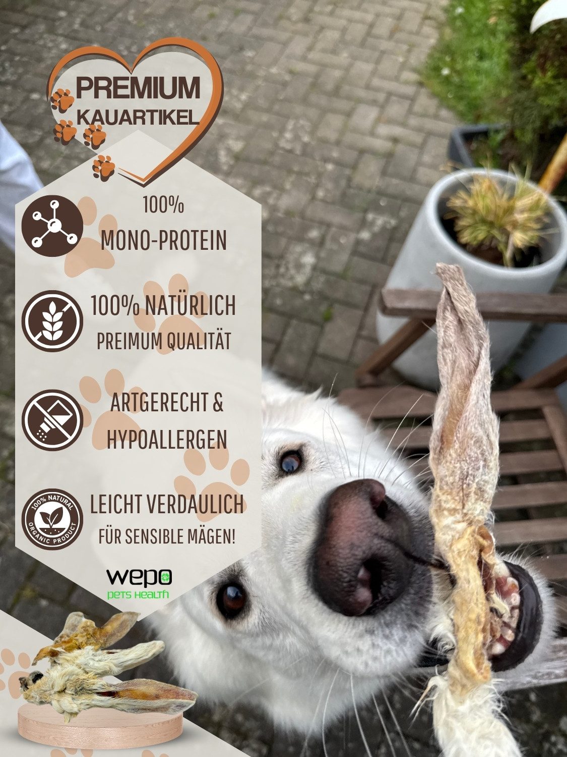 WEPO Kaninchenohren mit Fell - Hasenohren - Hunde Leckerli Kaninchen, BARF für: Hunde, Katzen, Premium BARF-Snack!