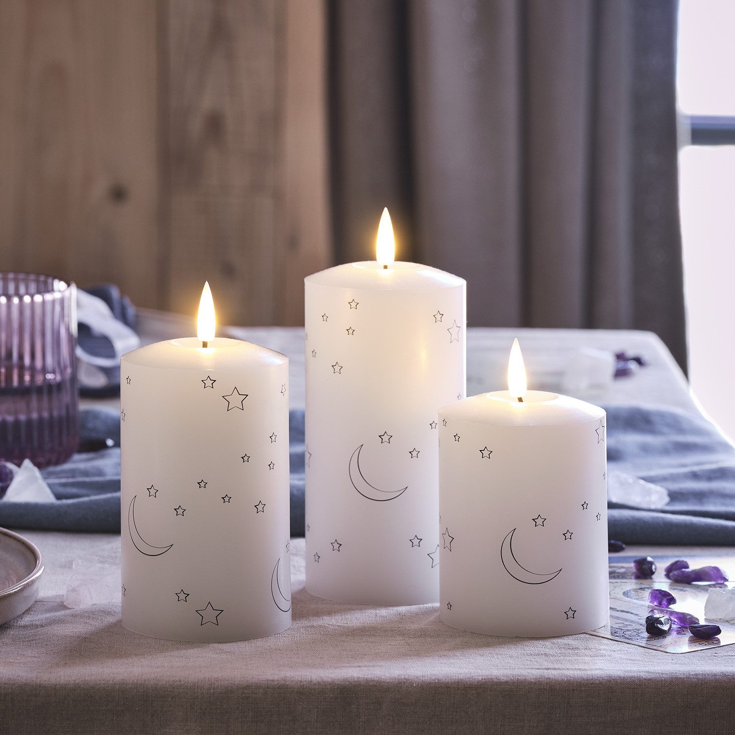 Lights4fun LED-Kerze TruGlow® LED Kerzen Echtwachs Trio Mond und Sterne mit Fernbedienung