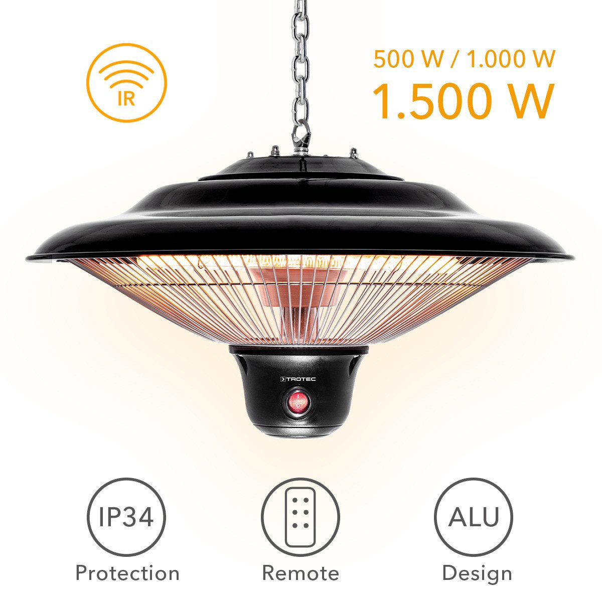 TROTEC Infrarotstrahler Design-Deckenheizstrahler IR 1500 SC, Gleichmäßige Rundumwärme für bis zu 10 m²