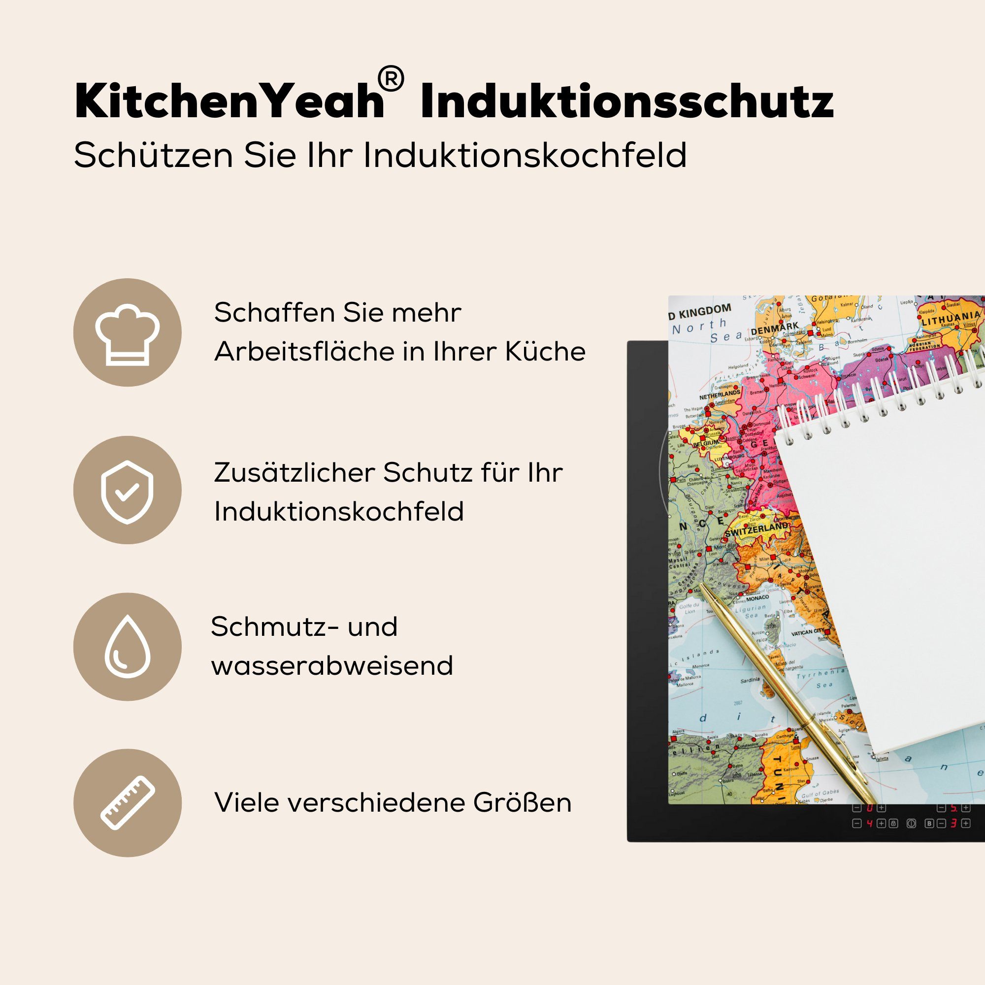 Vinyl, Herdblende-/Abdeckplatte für Weltkarte küche 78x78 cm, (1 Arbeitsplatte - MuchoWow Bleistift Ceranfeldabdeckung, Notizblock, tlg), -