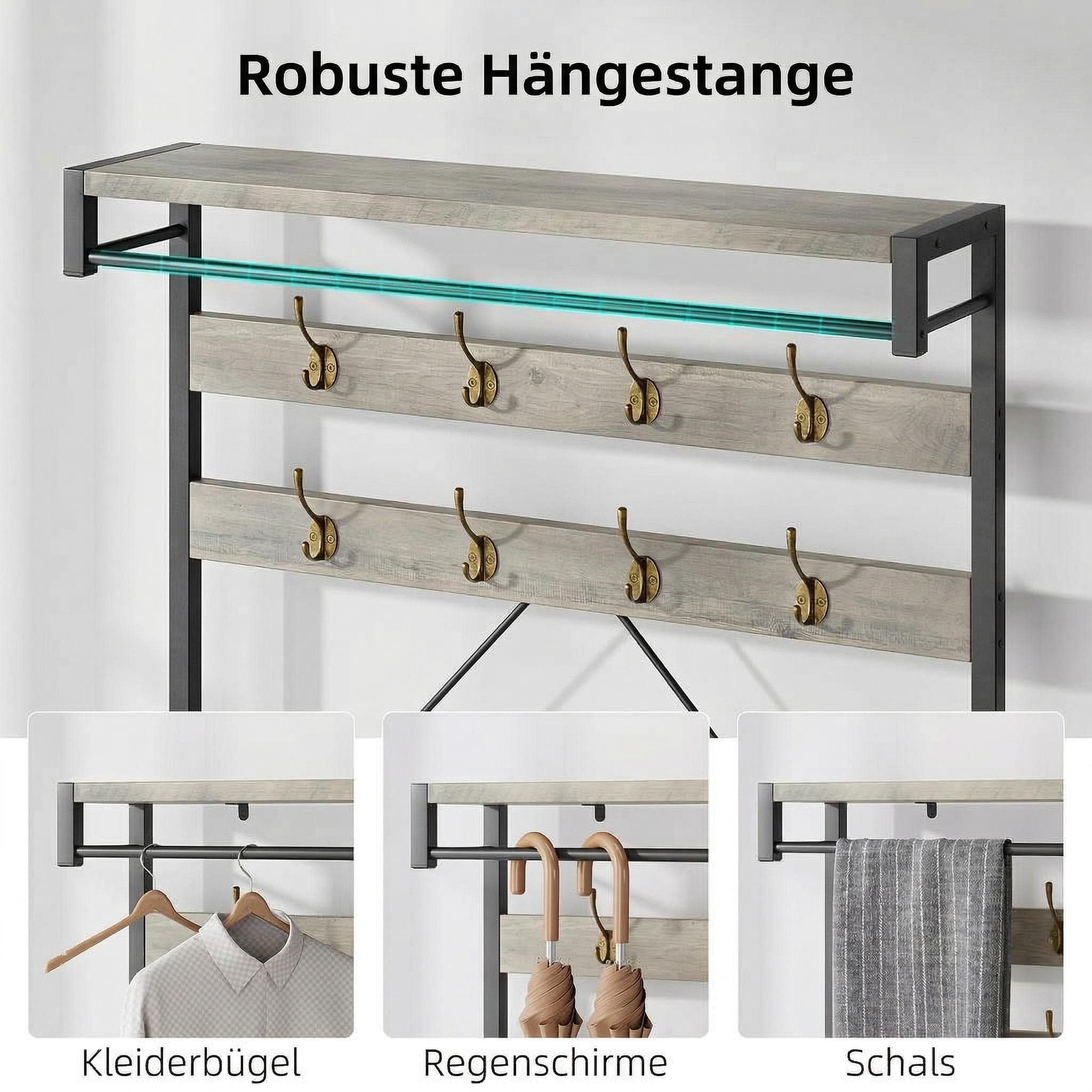 GarveeMore Garderobenständer 4-in-1 mit Sitzbank,3 Etagen Ablage und 8 Haken,183cm, mit Schuhbank,verstellbare Füße,Kleiderstange,101x40x183cm