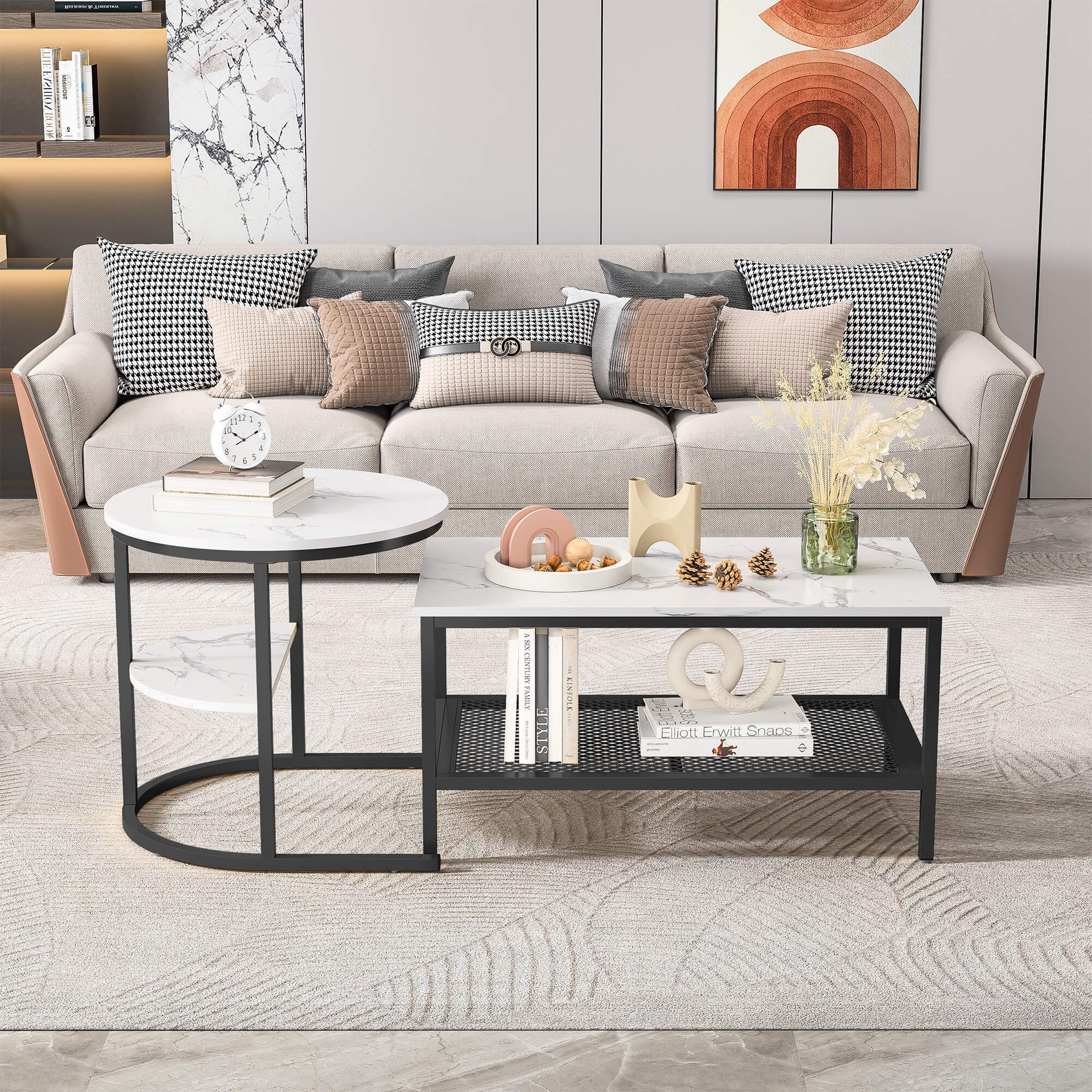 Furnishings Home Couchtisch 2er-Set Runde + Rechteck Beistelltische aus Holz & Metall (2-St., 2-St, 80x46x41 cm + 52x51 cm), Moderne Kaffeetische für Wohnzimmer – Bild 4 von 5