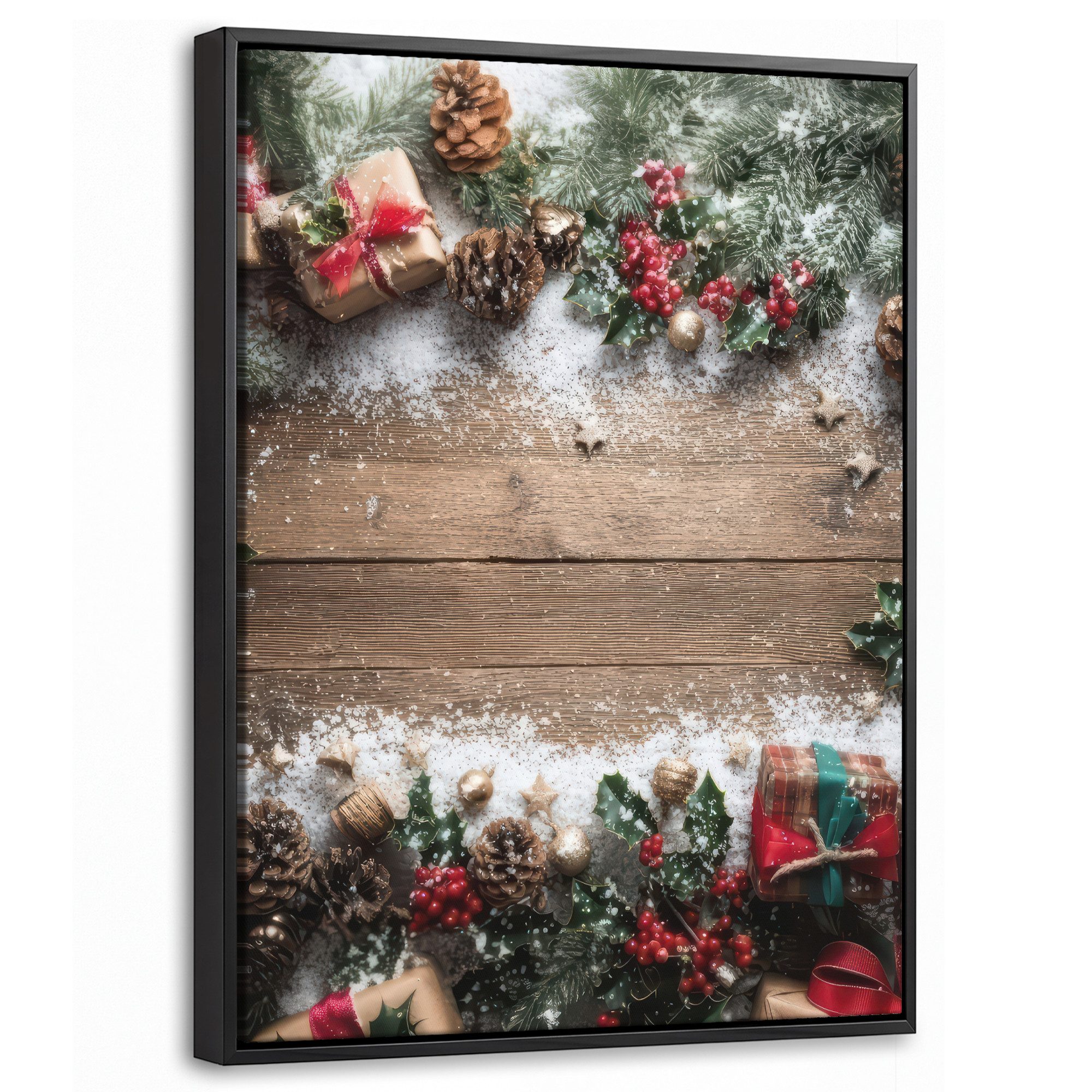 OneMillionCanvasses® Leinwandbild mit Rahmen - Weihnachtsdekoration - Geschenke - Holz - Mehrfarbig, Fotodruck (1 St), Wandbild, Schattenfugenrahmen, Aufhängefertig, Wanddeko 30x40cm
