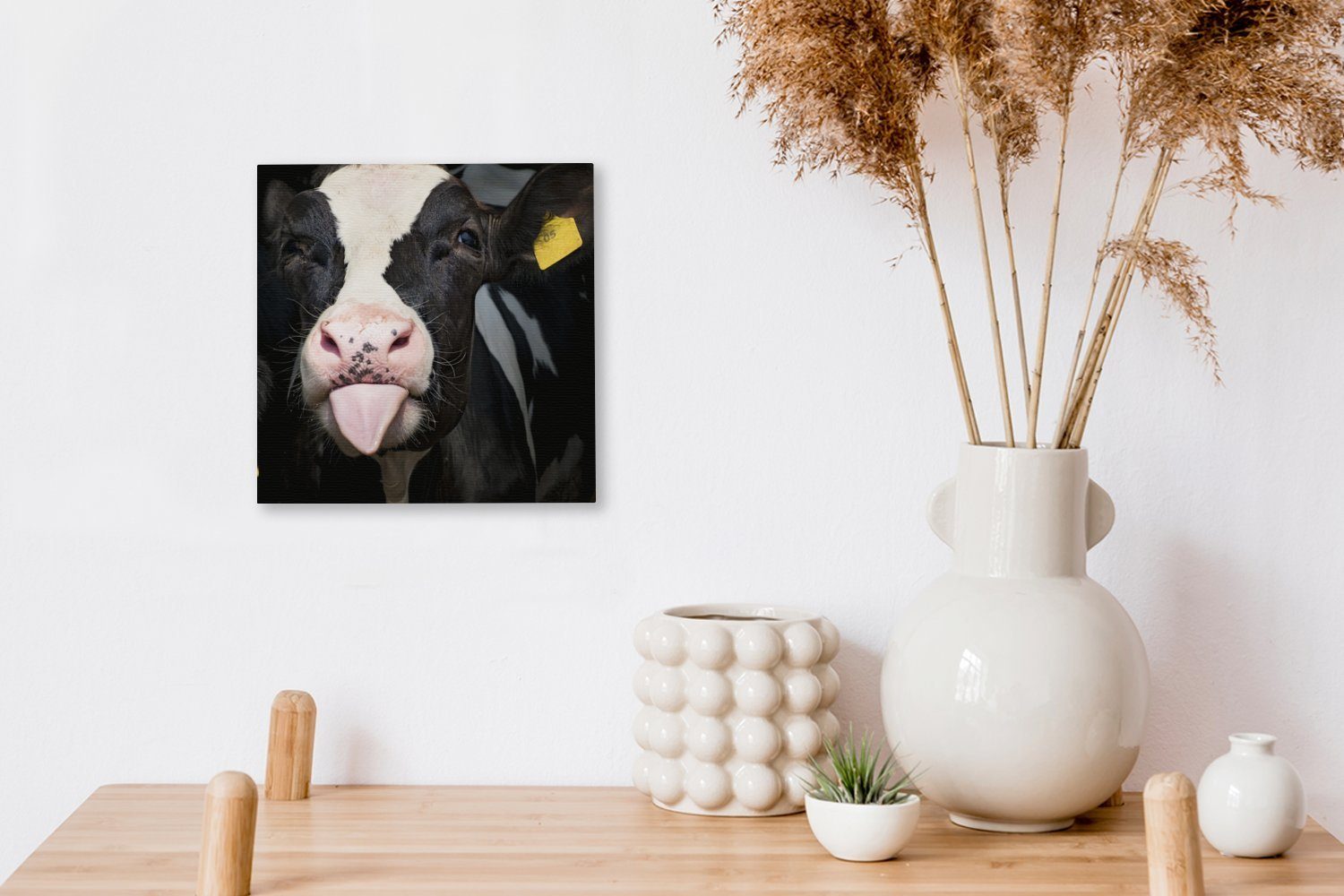 OneMillionCanvasses® Leinwand (1 Wohnzimmer Kuh bunt Zunge, Schlafzimmer Bilder - Kalb - St), für Leinwandbild
