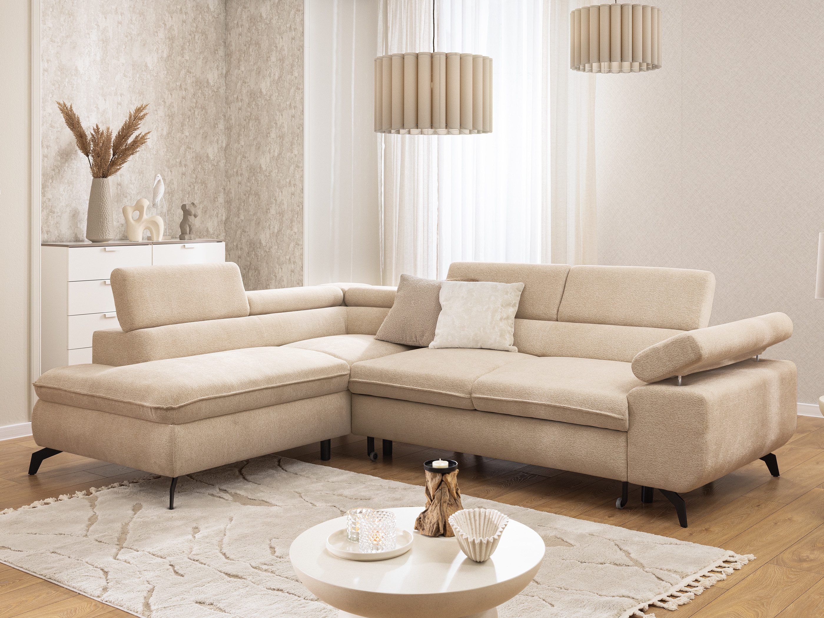 S-Style Möbel Ecksofa Bonnie mit Schlaffunktion Bettkasten und Kopfteilverstellung, mit Wellenfederung, Chenille-Stoff