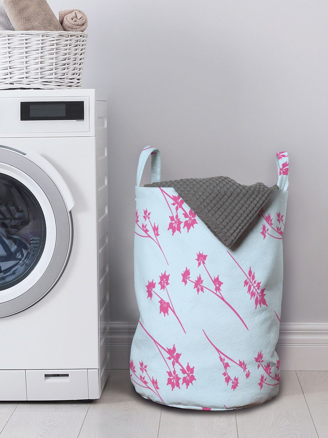 Blau Waschsalons, Und Kordelzugverschluss Wäschesäckchen Wäschekorb Blooming Griffen Pink Abakuhaus für mit Eucalyptus