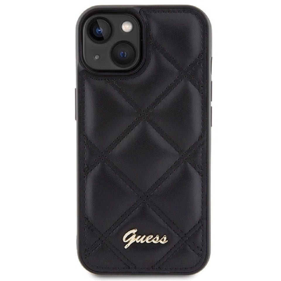 Guess Handyhülle Case iPhone 15 Kunstleder schwarz mit Logo goldfarben 6,1 Zoll, Kantenschutz