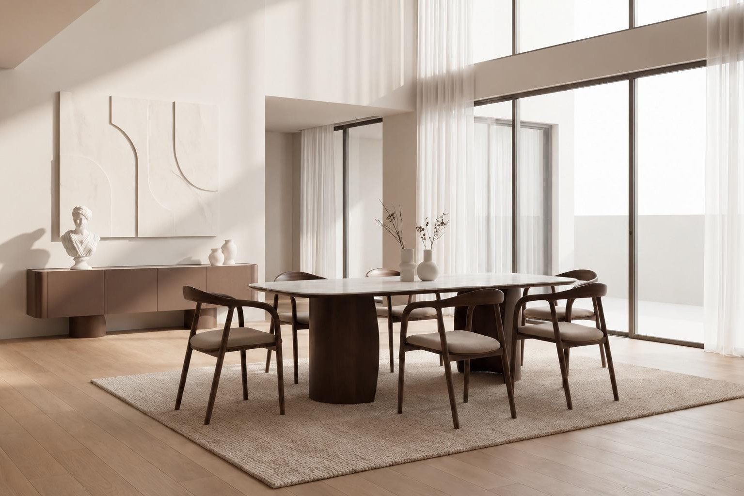 Xlmoebel Esszimmer-Set Braunes Esszimmer set Esstisch Stühle Sideboard Modern Stil Premium, (Esszimmer-Set, 7-St., 7-tlg)