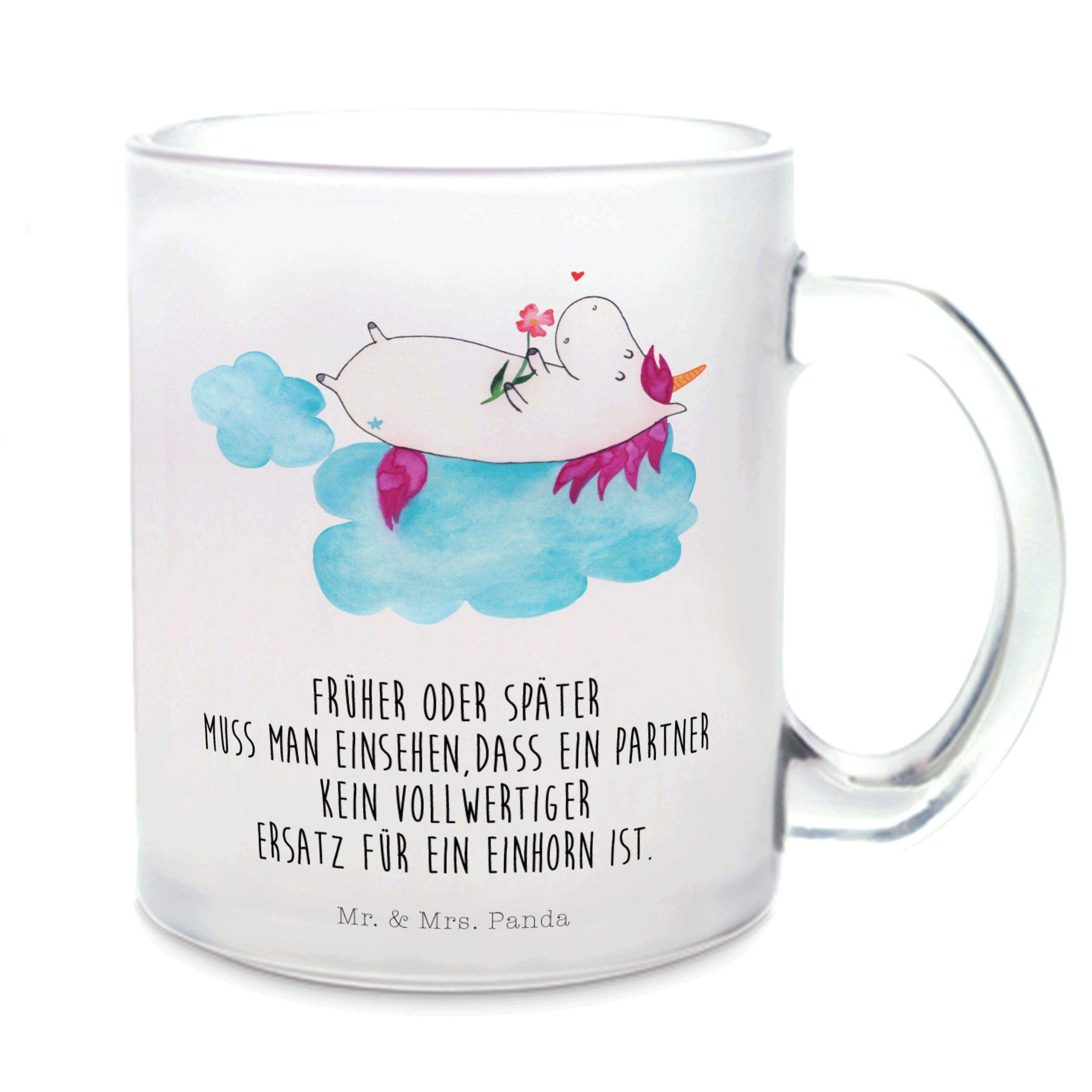 Mr. & Mrs. Panda Teeglas Einhorn Verliebt - Transparent - Geschenk, Teetasse, Liebe, Glas Teet, Premium Glas, Edler Aufdruck
