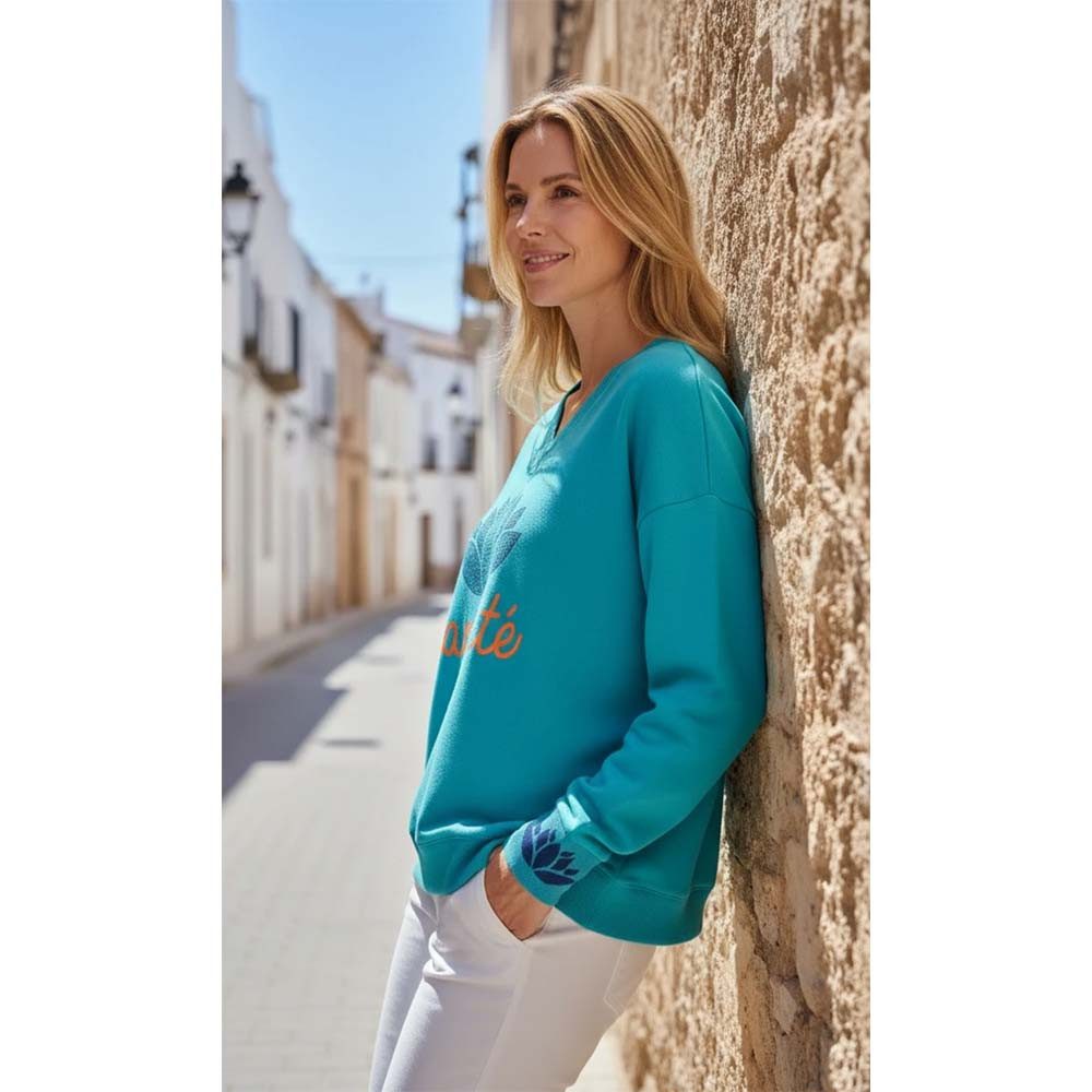 Miss Goodlife Sweatshirt MG13636 V-Neck „Namasté Strass“ – Türkis, mit Glitzerprint