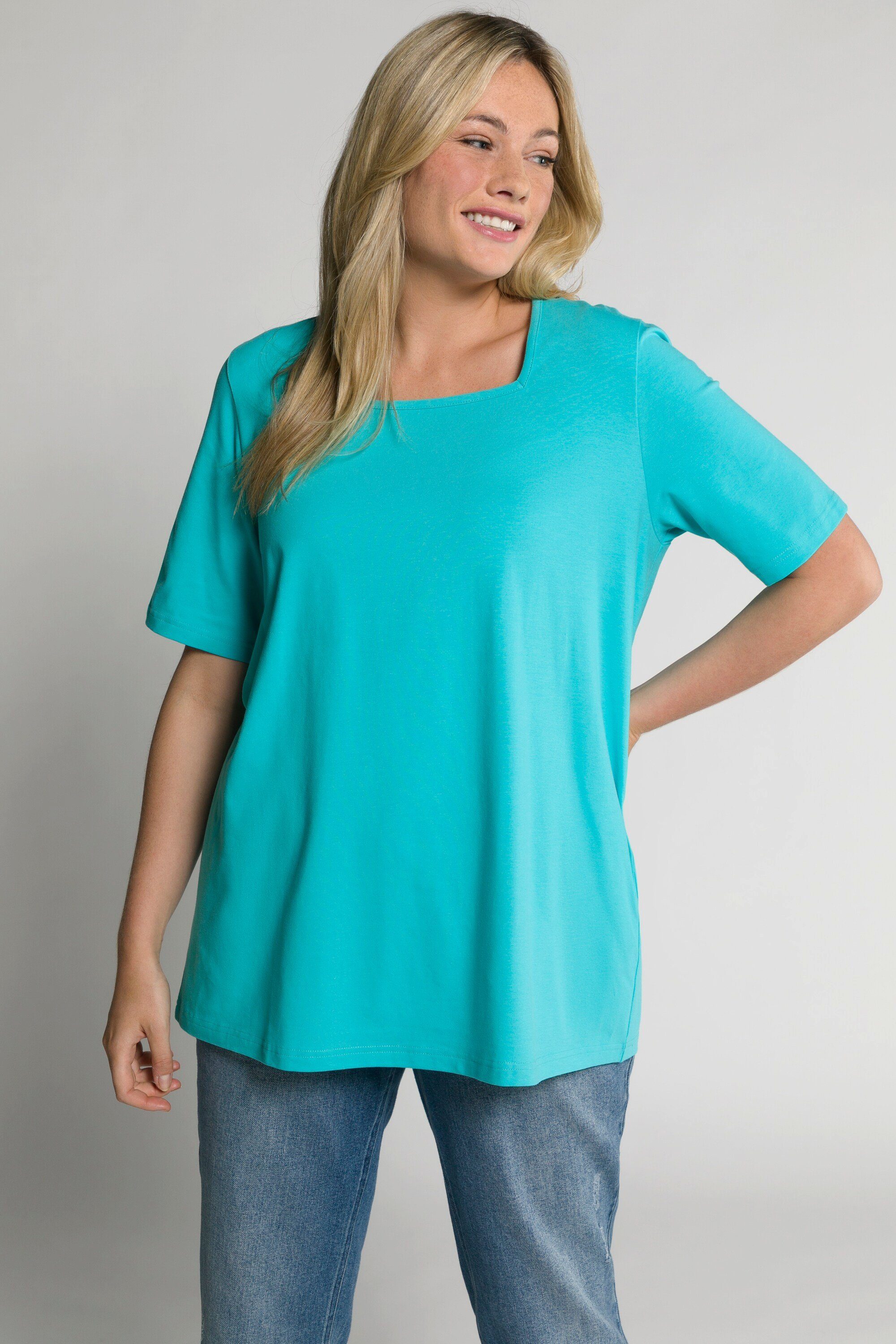 A-Linie Halbarm Carree-Ausschnitt tiefes T-Shirt Popken Ulla Rundhalsshirt aqua