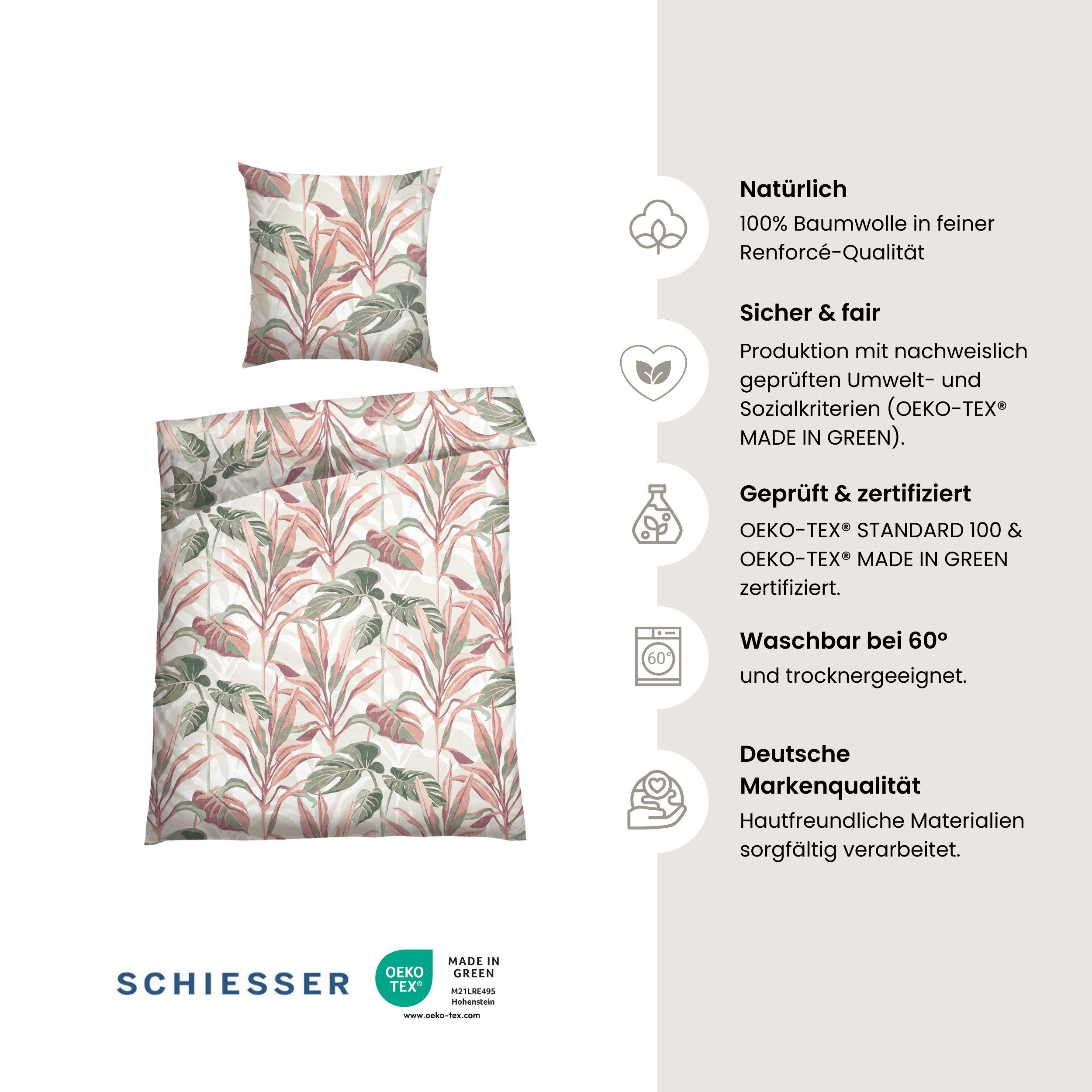 Schiesser Bettwäsche Camilla aus weicher Baumwolle mit floralem Muster, Renforcé, 2 teilig, MADE IN GREEN by OEKO-TEX®