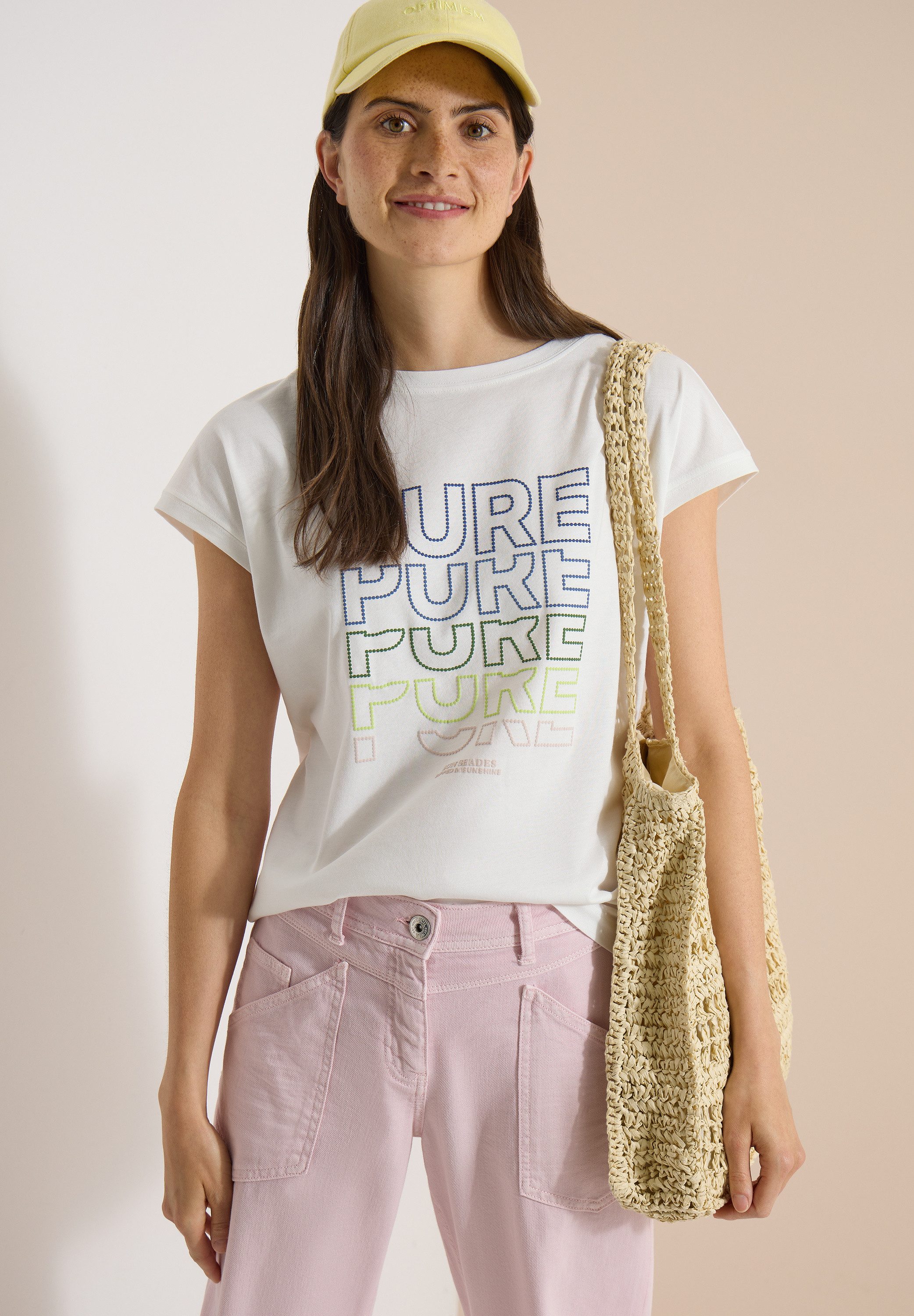 CECIL Kurzarmshirt Sommershirt mit Boat Neck und Frontprint