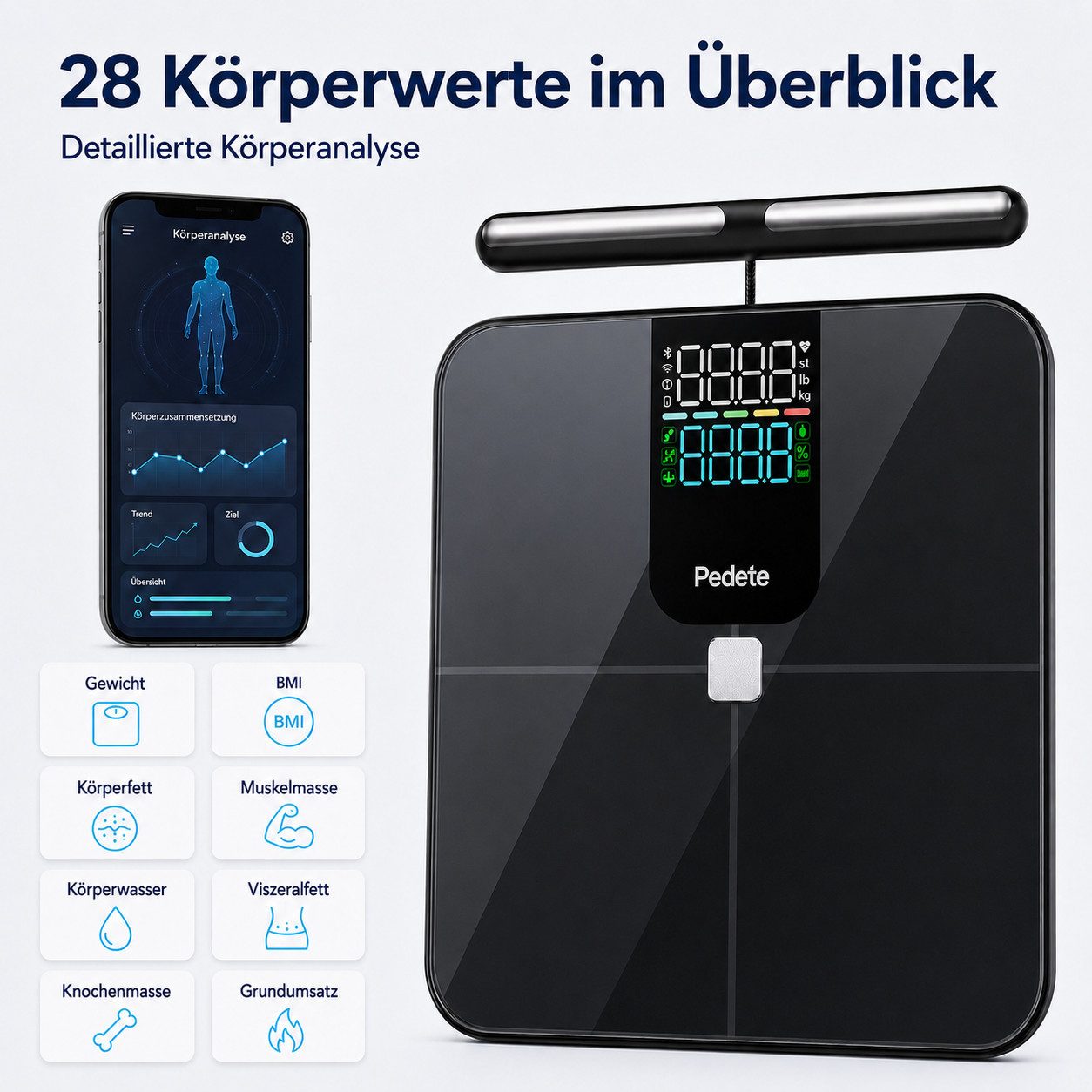 Vornix Körper-Analyse-Waage smarte Körperfettwaage mit 8 Elektroden,WLAN & Bluetooth, 28 Körperwerte, A&P Health App, Segmentanalyse, smarte Waage Ganzkörperana – Bild 5 von 5