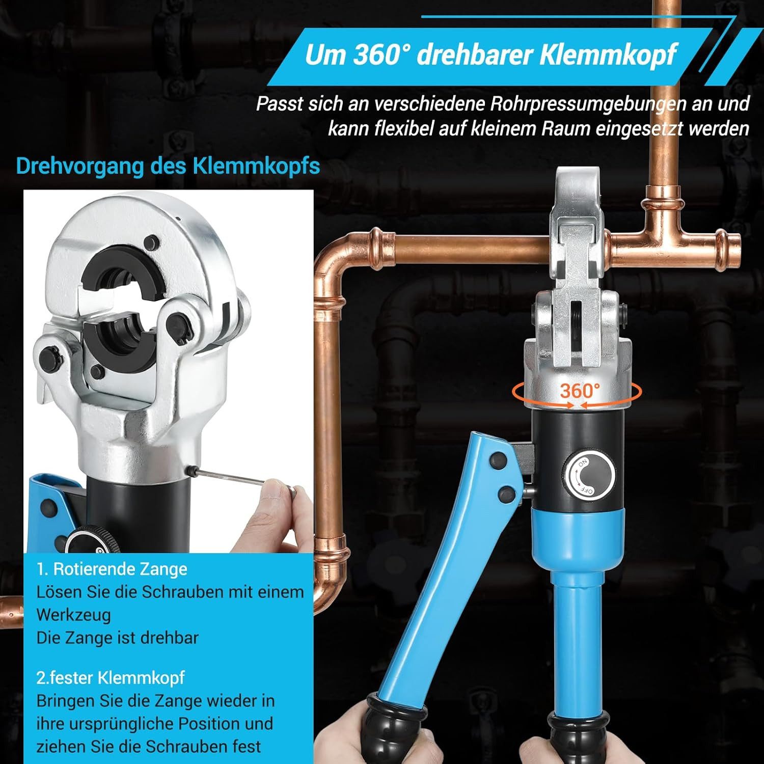 TLGREEN Kneifzange Profi Presszange, Gas und Haus-rohre hydraulische presszange, 360° drehbarem Kopf Rohrpresszange – Bild 4 von 5
