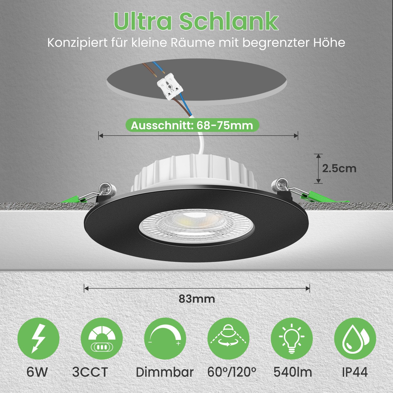 ALUSSO LED Einbauleuchte 6er-Set, 6 W, 3CCT, dimmbar, IP44, Ø 68 mm, Energieklasse E, 3000K/4000K/6500K, 540lm, Schwarz
