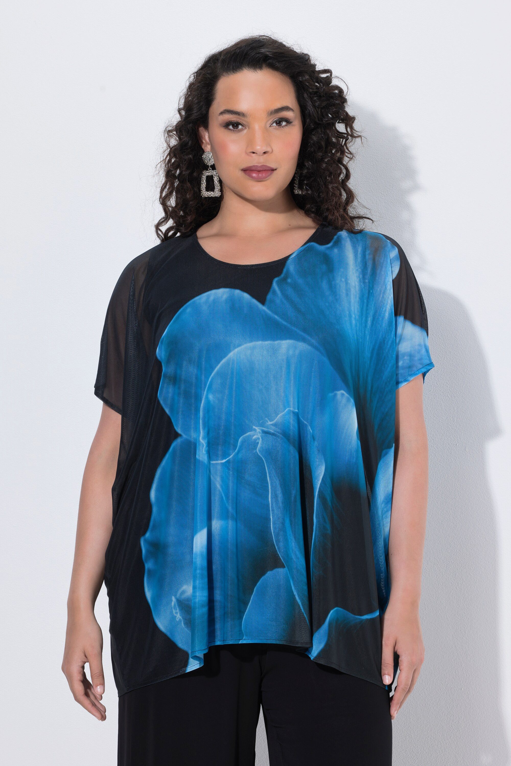 Ulla Popken Druckbluse Mesh-Bluse Blüten Oversized Rundhals Halbarm