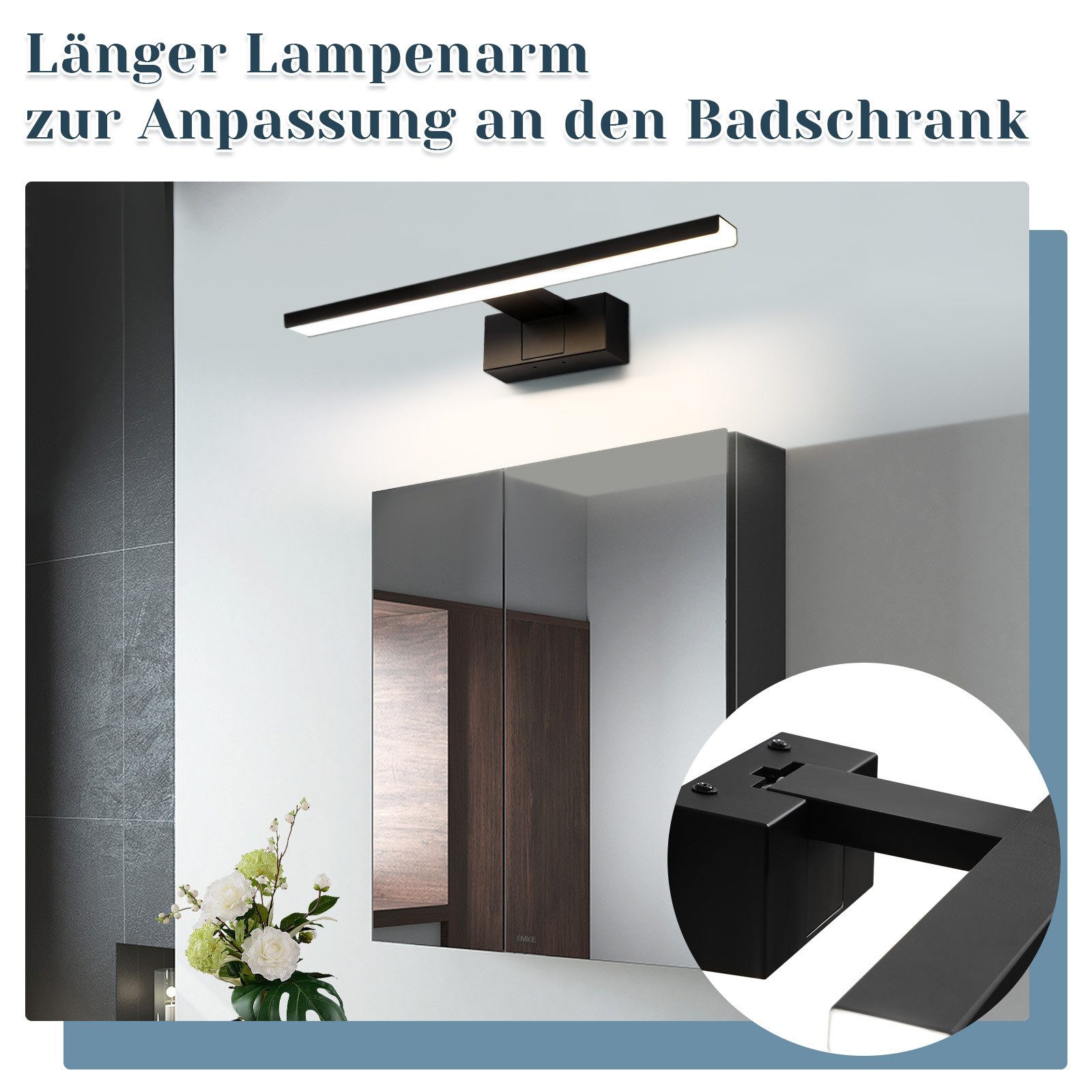 ZMH LED Spiegelleuchte Schwarz 30/40/60CM Neutralweiß Wandlampe für Keller&Spiegel, Augenschutz, LED fest integriert, Neutralweiß, Einfach zu installieren, Augenschutz